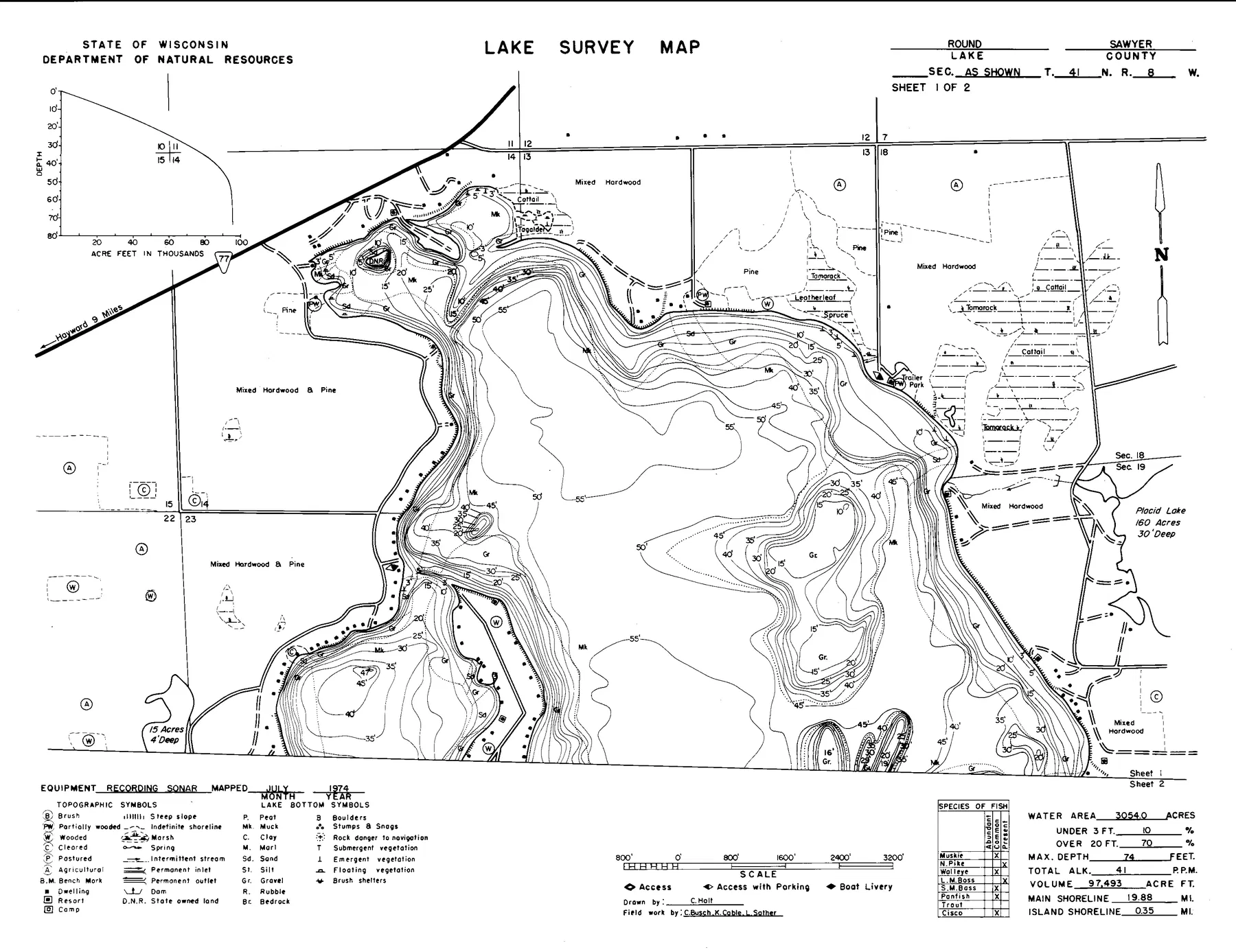Round Lake historical Wisconsin DNR depth map sheet 1