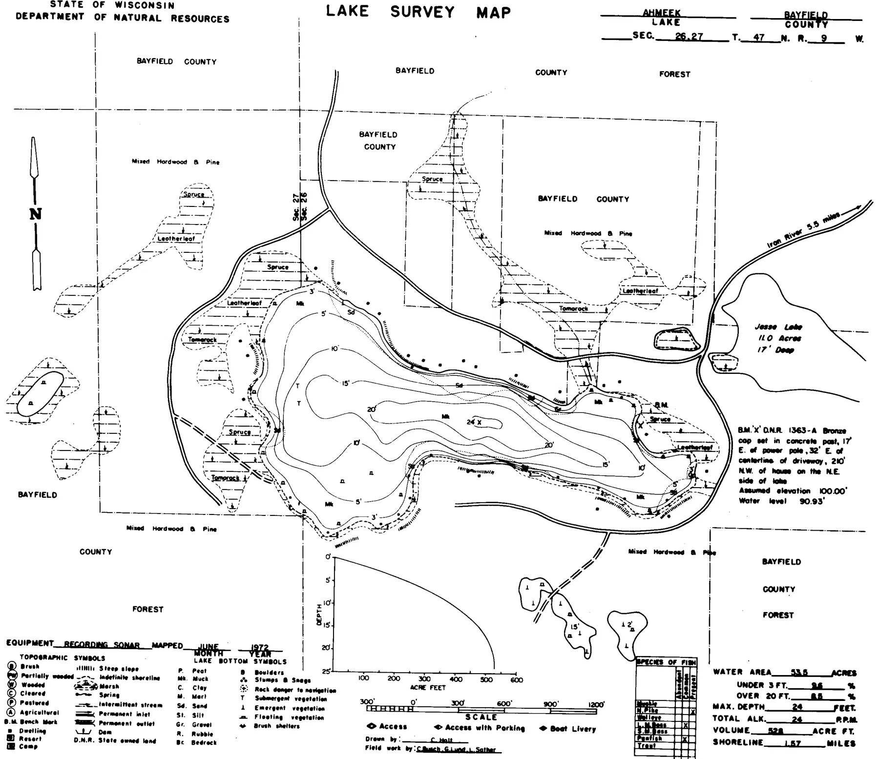 Ahmeek Lake historical Wisconsin DNR depth map sheet 1