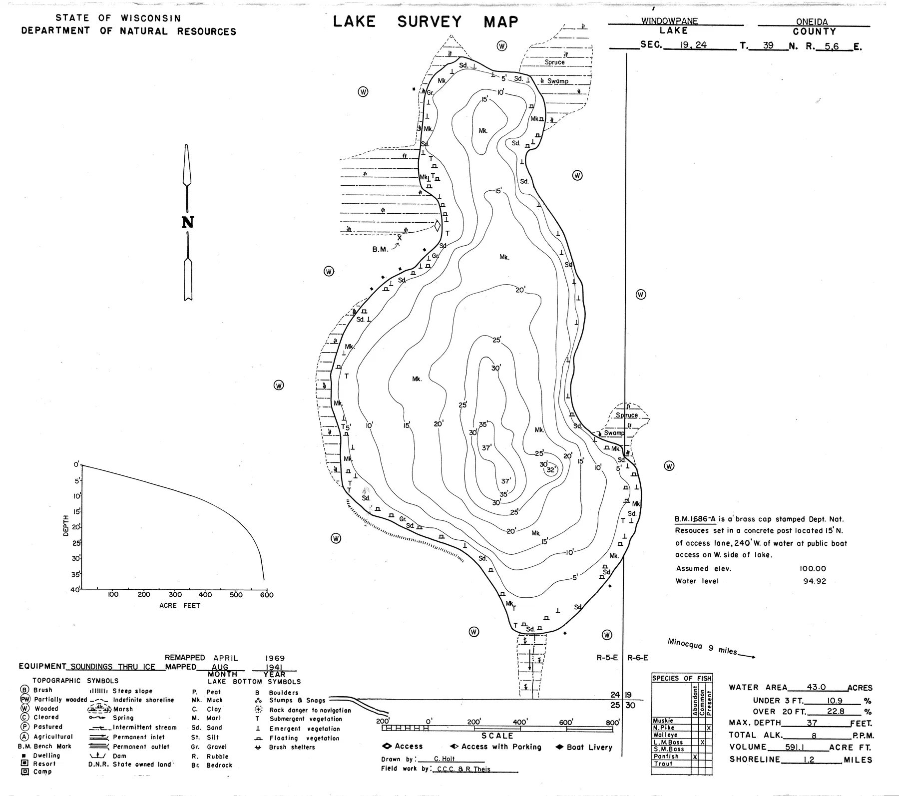Windowpane Lake historical Wisconsin DNR depth map sheet 1