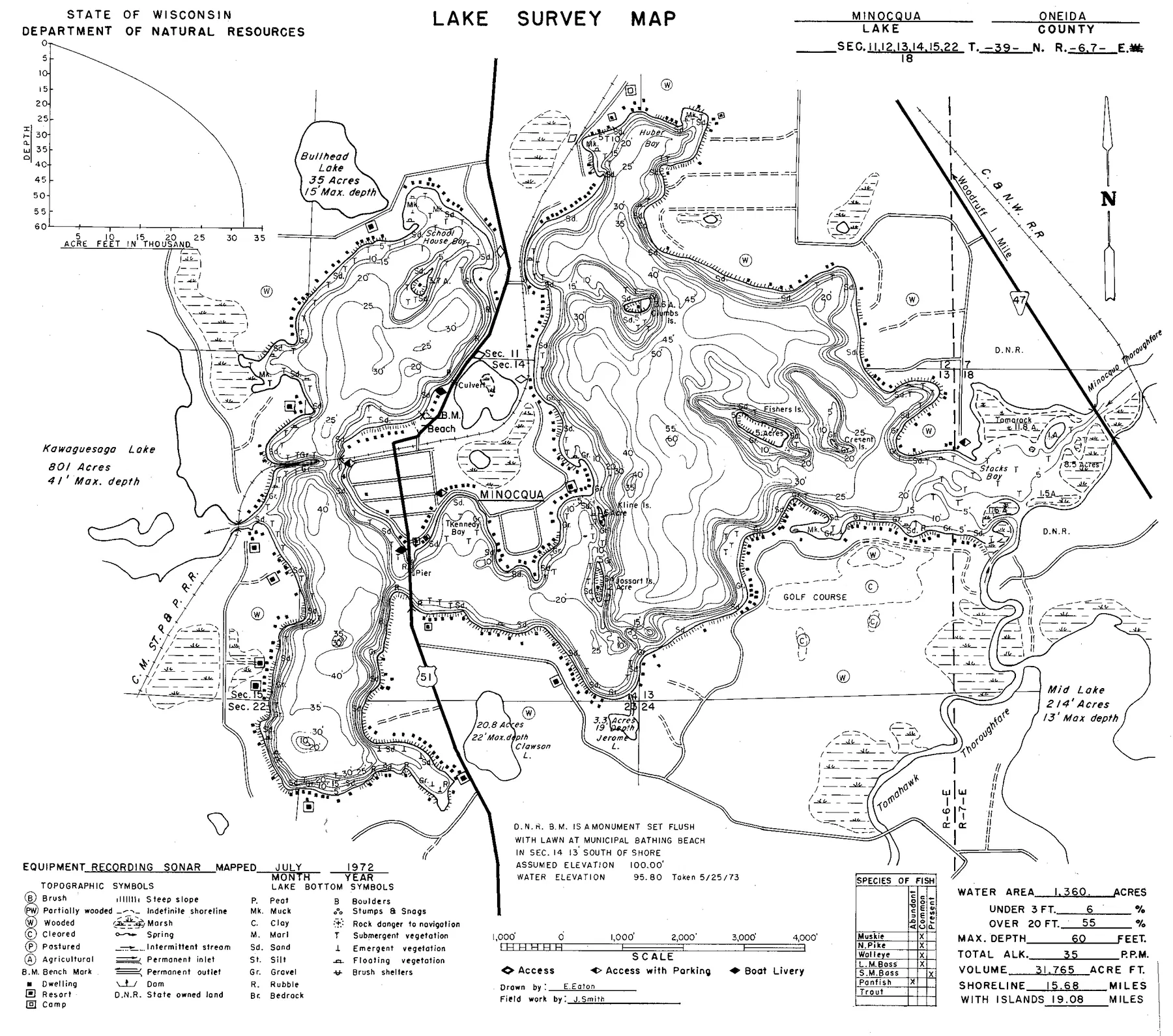 Minocqua Lake historical Wisconsin DNR depth map sheet 1