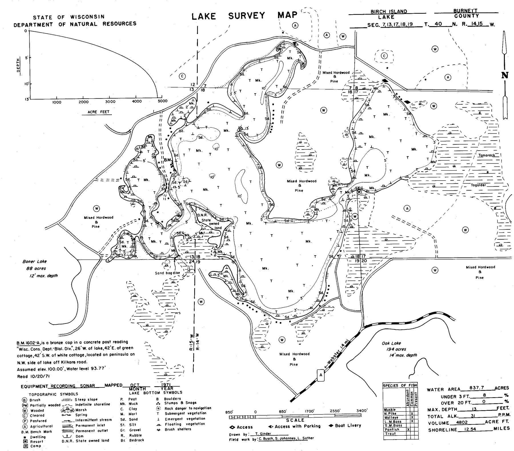Birch Island Lake historical Wisconsin DNR depth map sheet 1