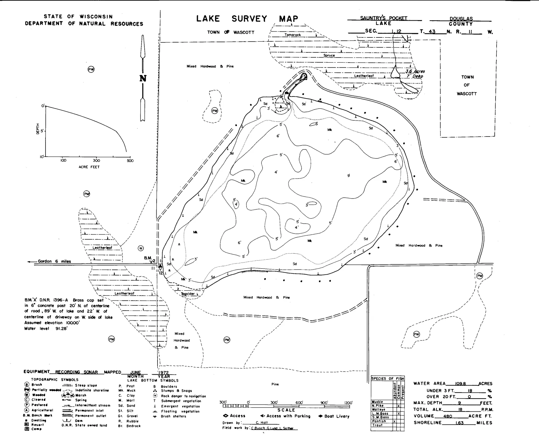 Sauntrys Pocket Lake historical Wisconsin DNR depth map sheet 1