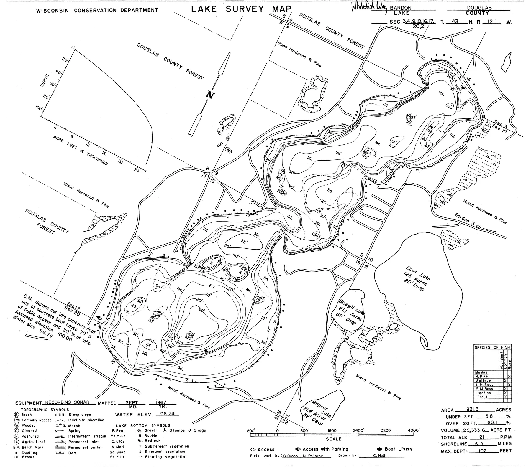 Whitefish Lake historical Wisconsin DNR depth map sheet 1