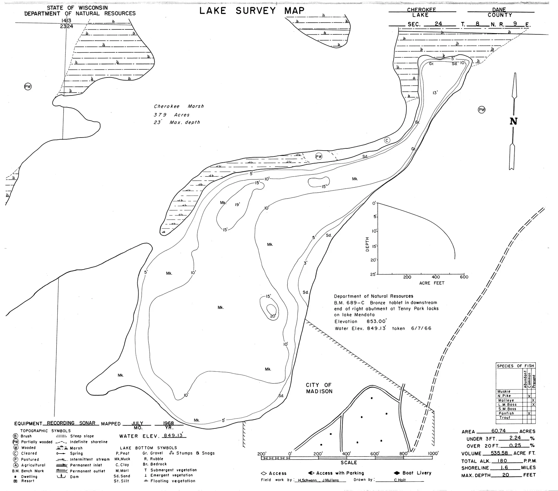 Cherokee Lake historical Wisconsin DNR depth map sheet 1