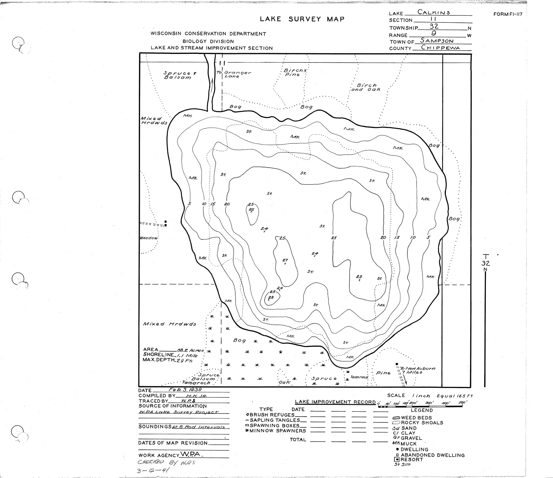 Calkins Lake historical Wisconsin DNR depth map sheet 1