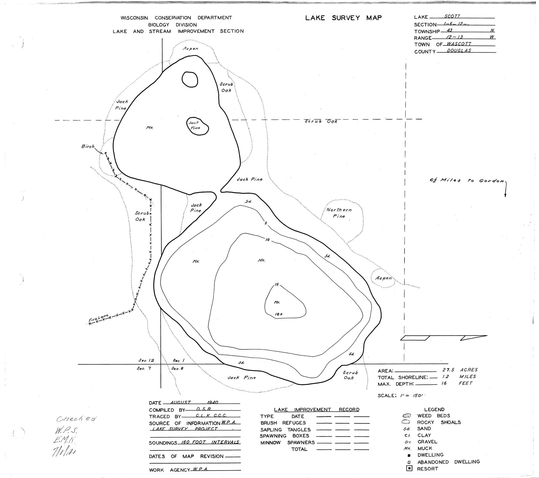 Scott Lake historical Wisconsin DNR depth map sheet 1