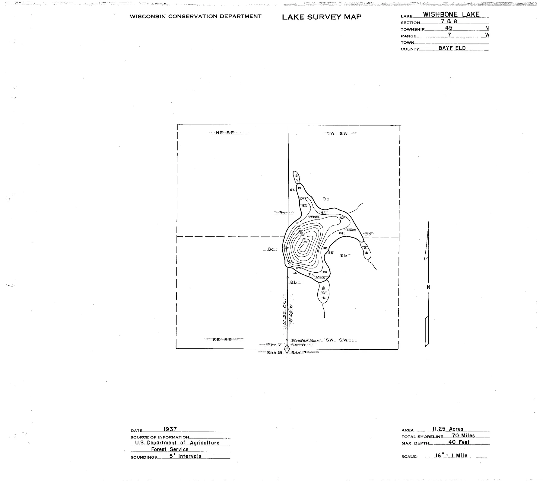 Wishbone Lake historical Wisconsin DNR depth map sheet 1