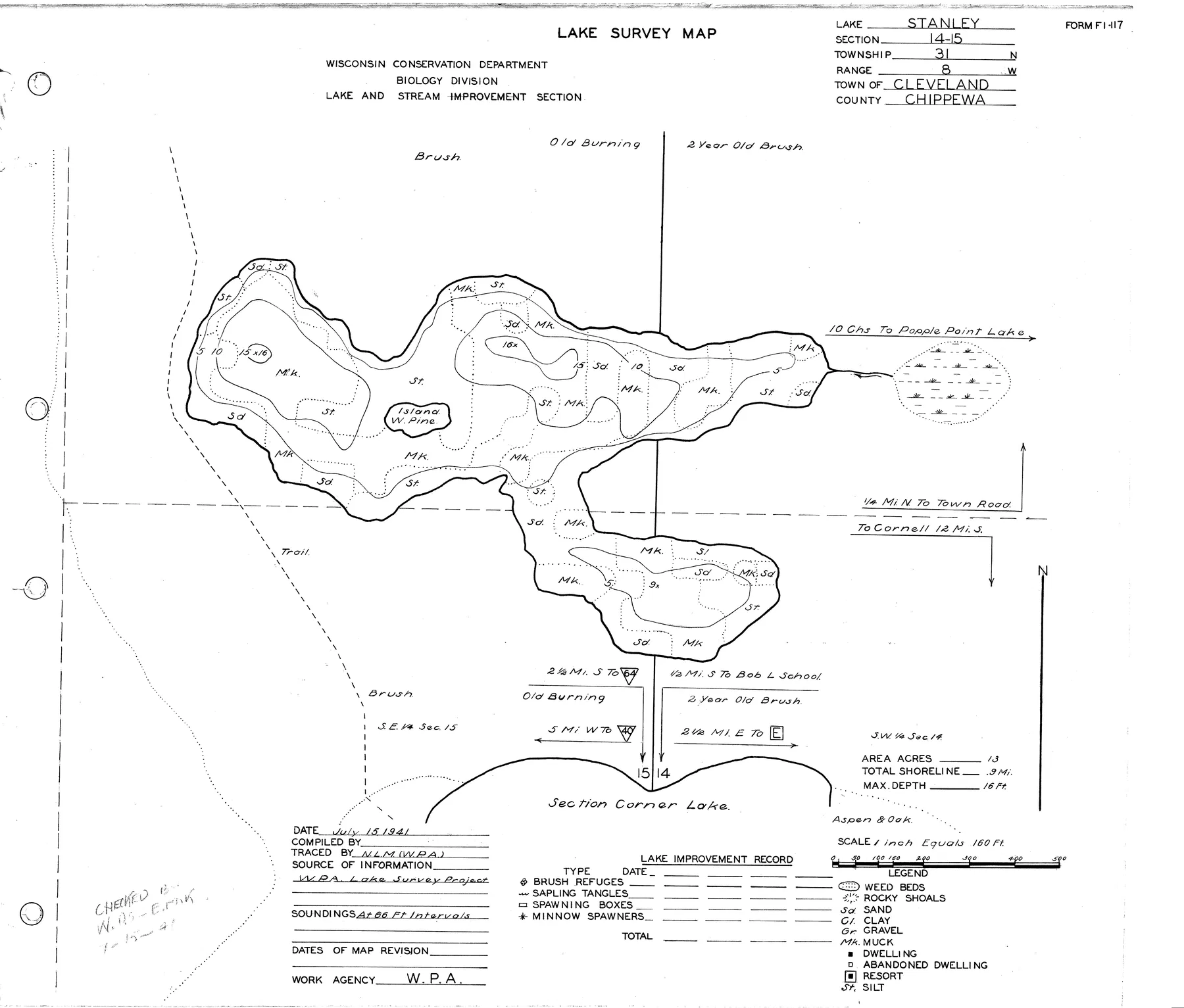 Stanley Lake historical Wisconsin DNR depth map sheet 1