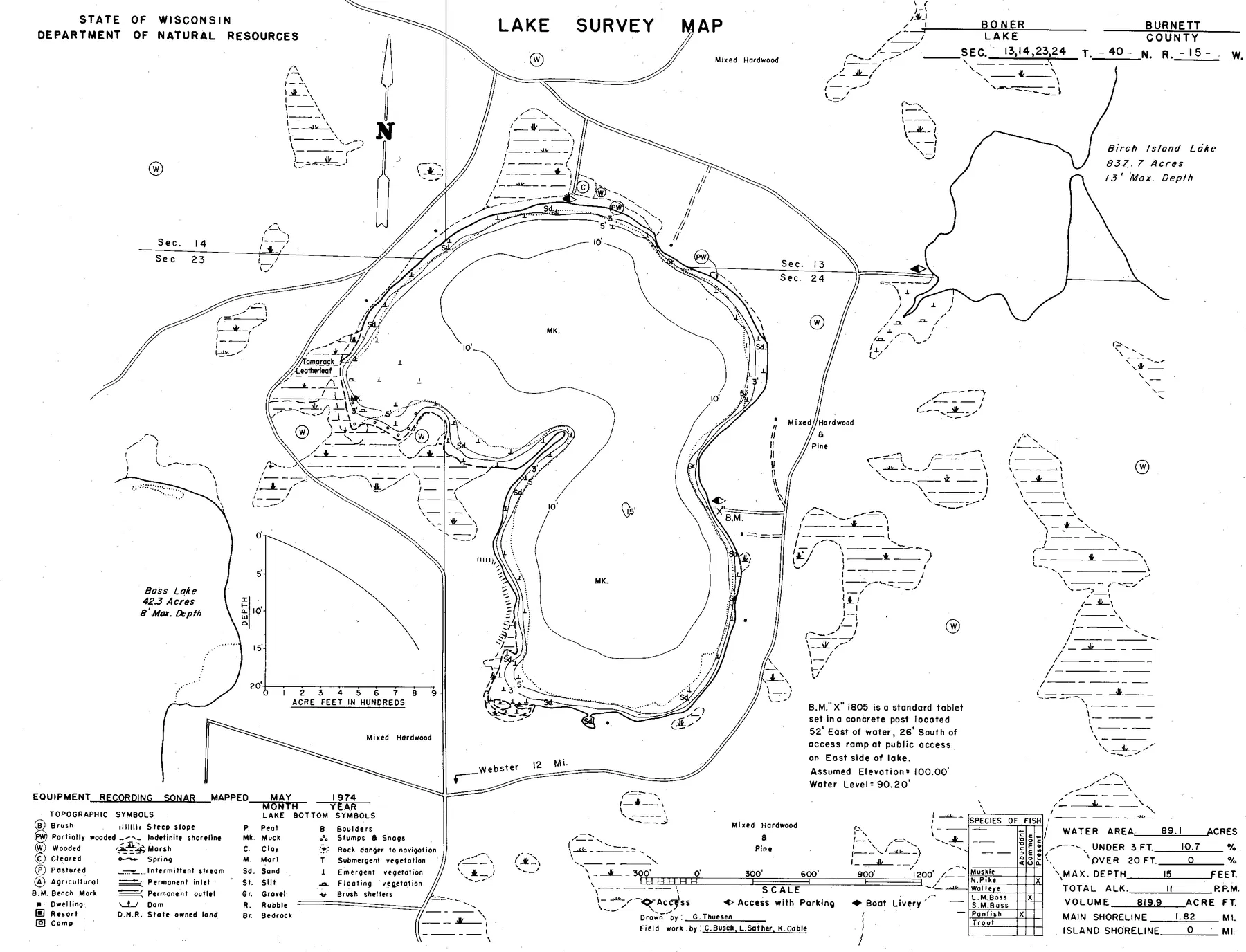 Boner Lake historical Wisconsin DNR depth map sheet 1