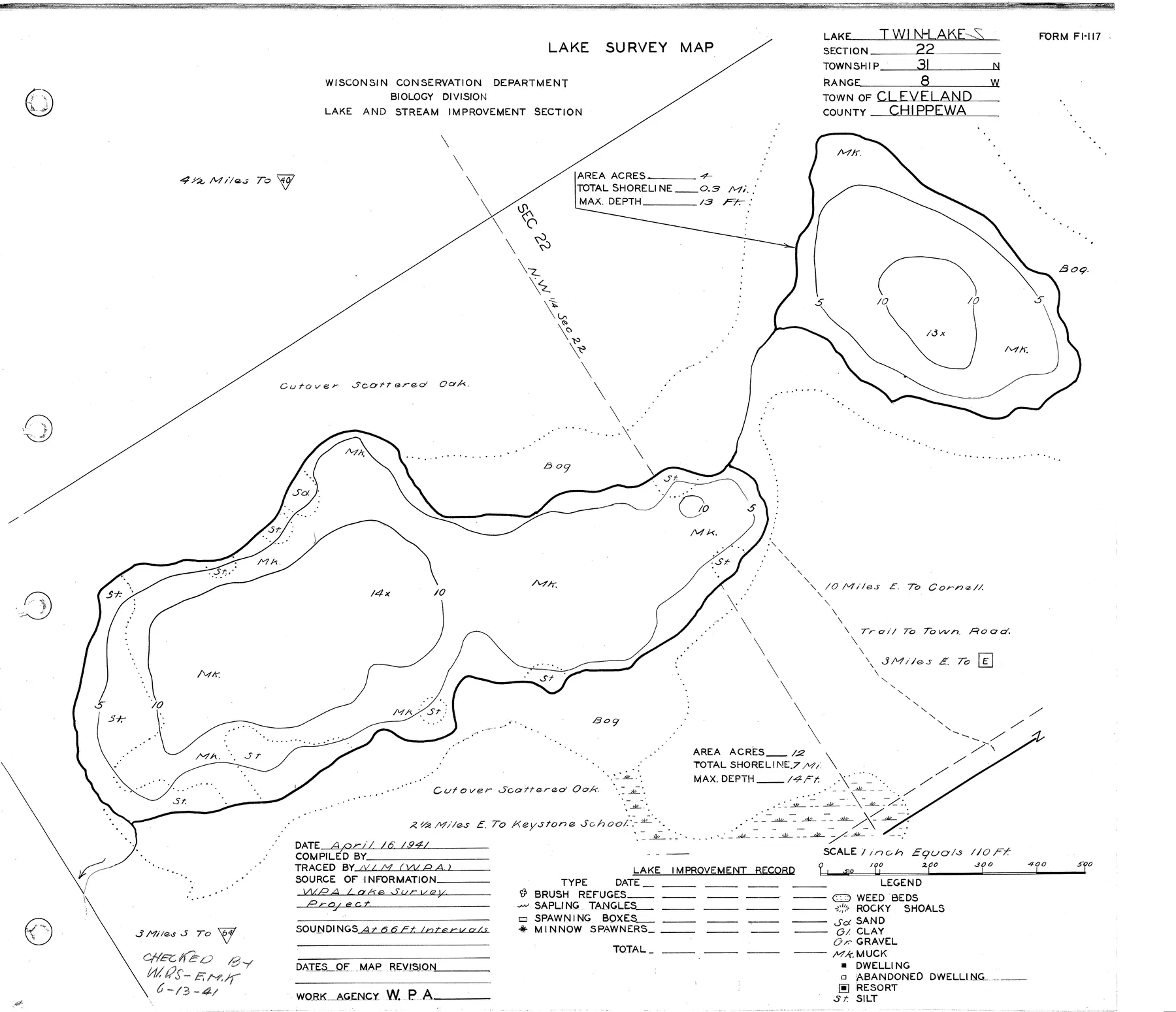 Twin Lakes historical Wisconsin DNR depth map sheet 1