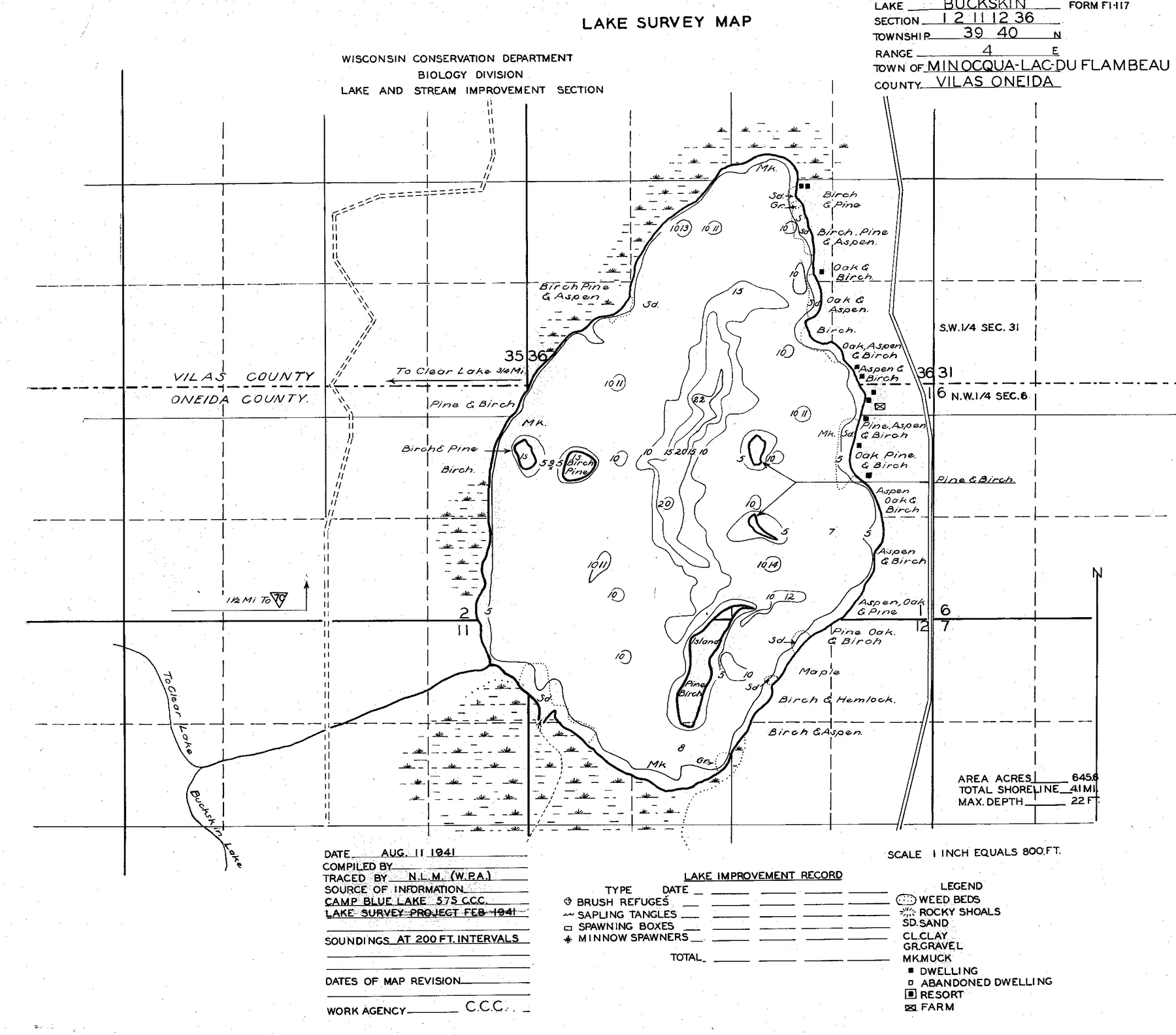Buckskin Lake historical Wisconsin DNR depth map sheet 1