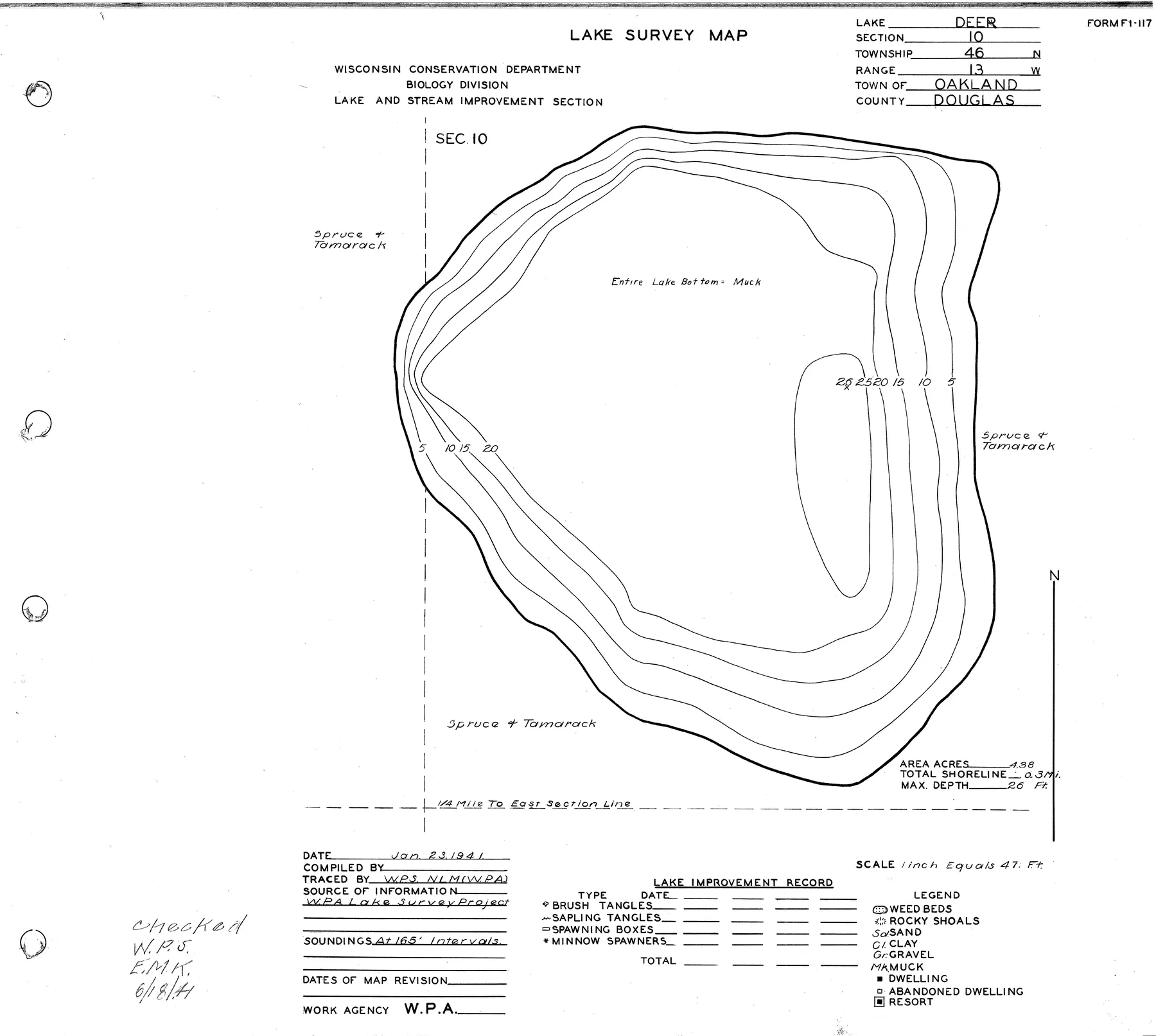 Deer Lake historical Wisconsin DNR depth map sheet 1