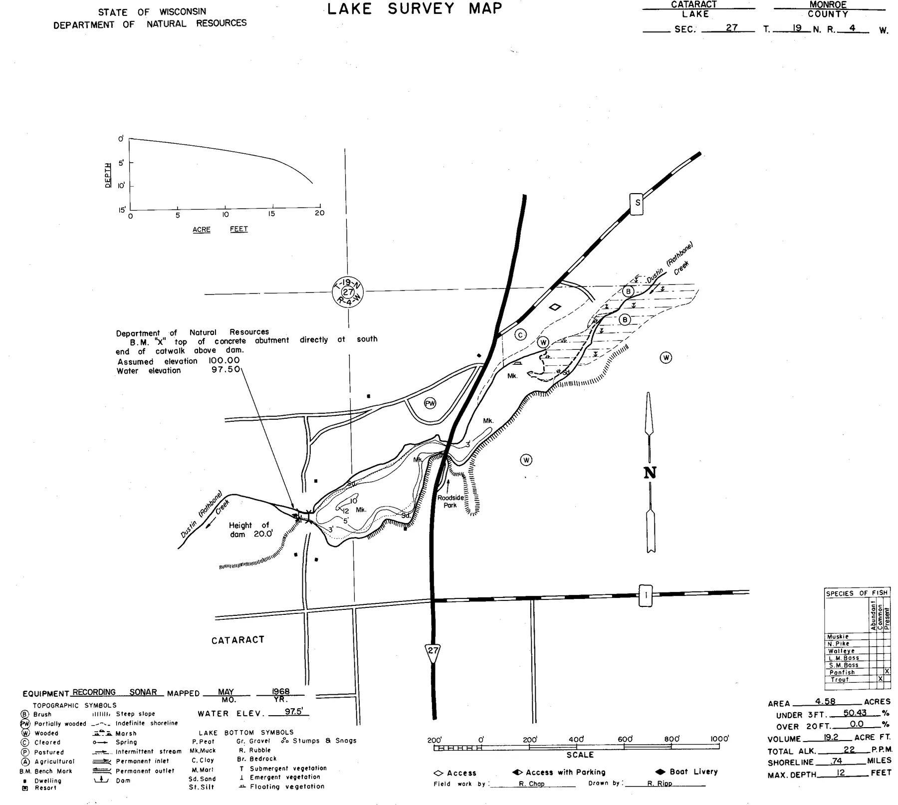 Cataract Pond historical Wisconsin DNR depth map sheet 1