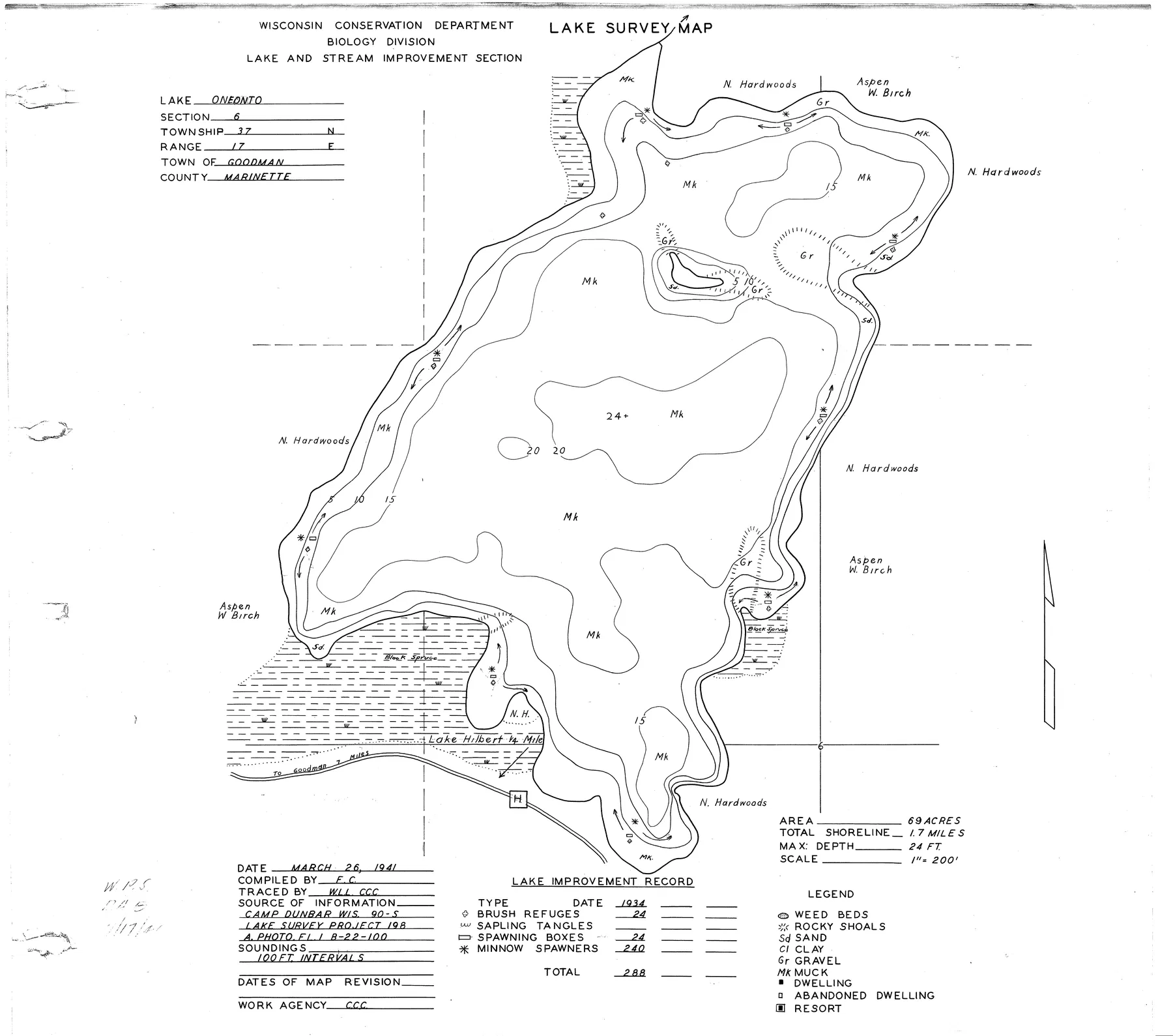 Oneonta Lake historical Wisconsin DNR depth map sheet 1