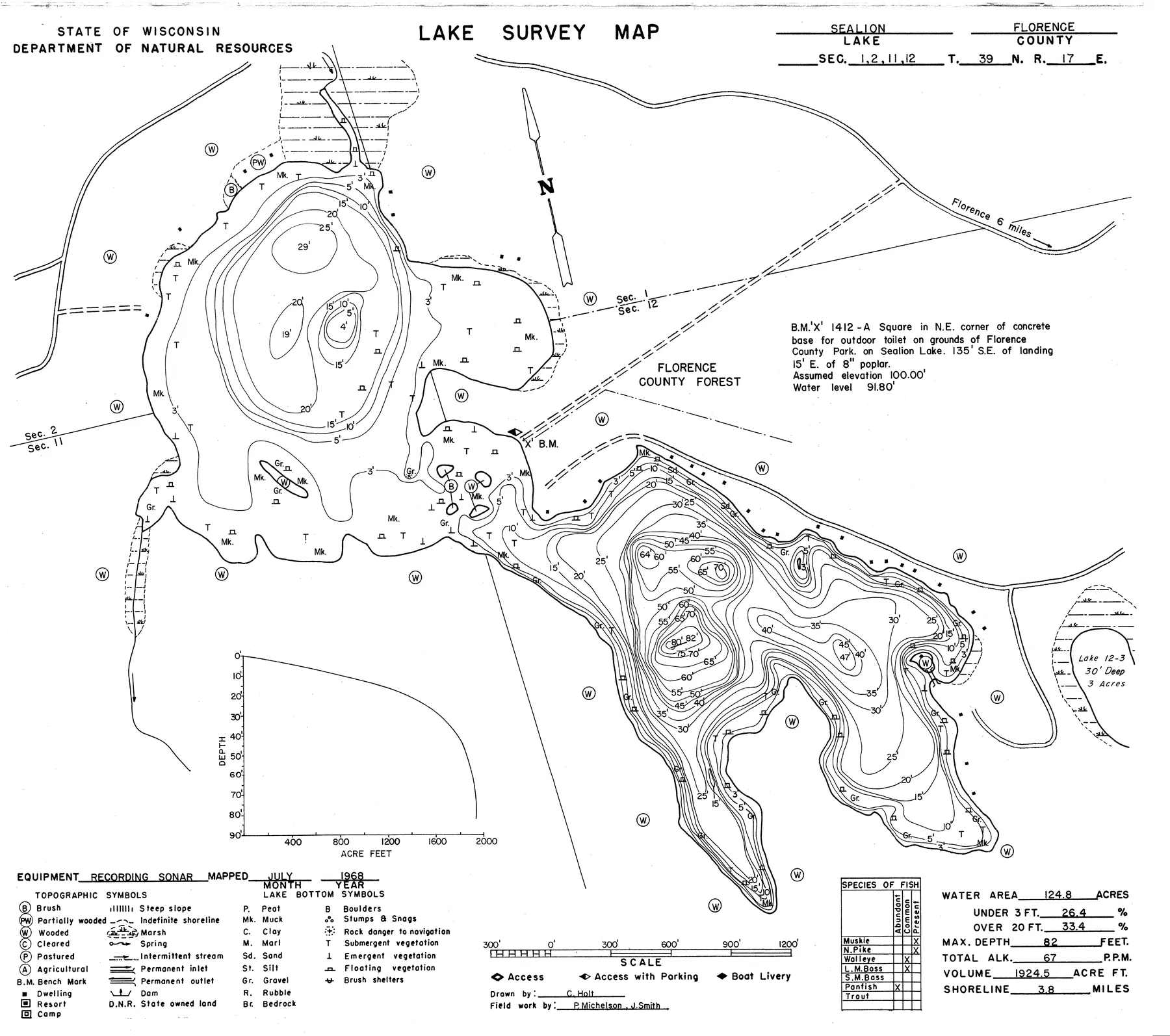 Sea Lion Lake historical Wisconsin DNR depth map sheet 1