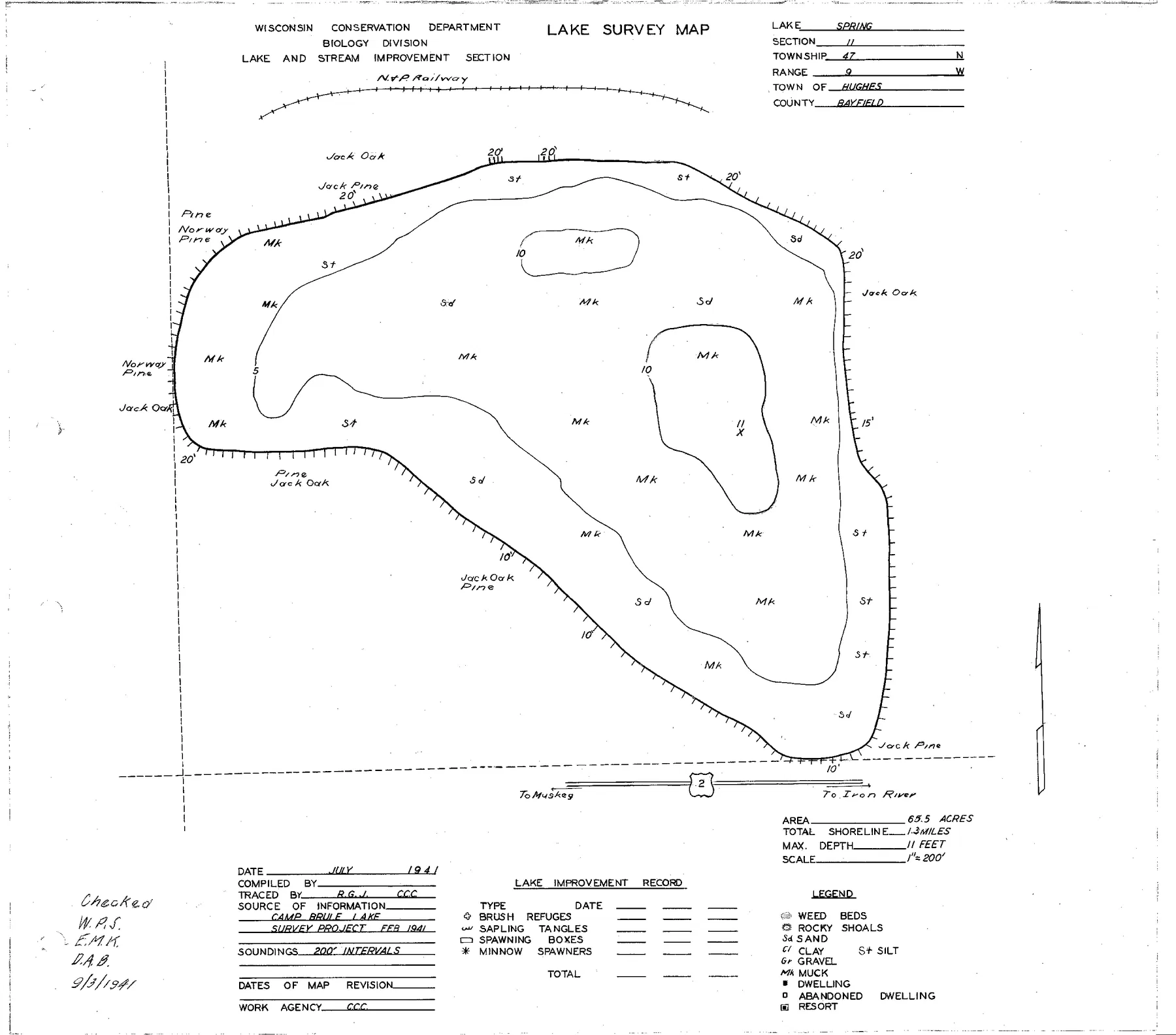 Spring Lake historical Wisconsin DNR depth map sheet 1