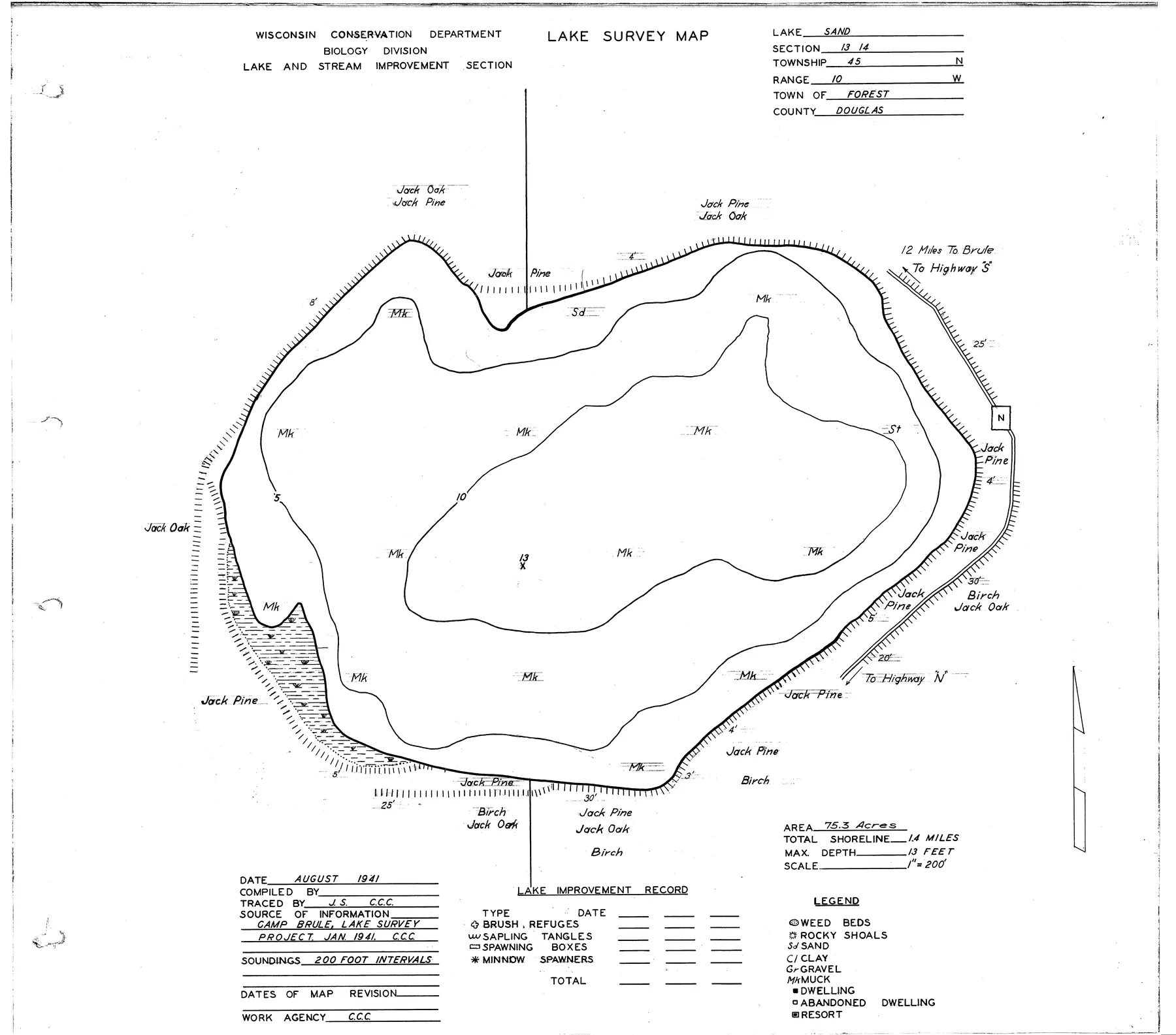 Sand Lake historical Wisconsin DNR depth map sheet 1