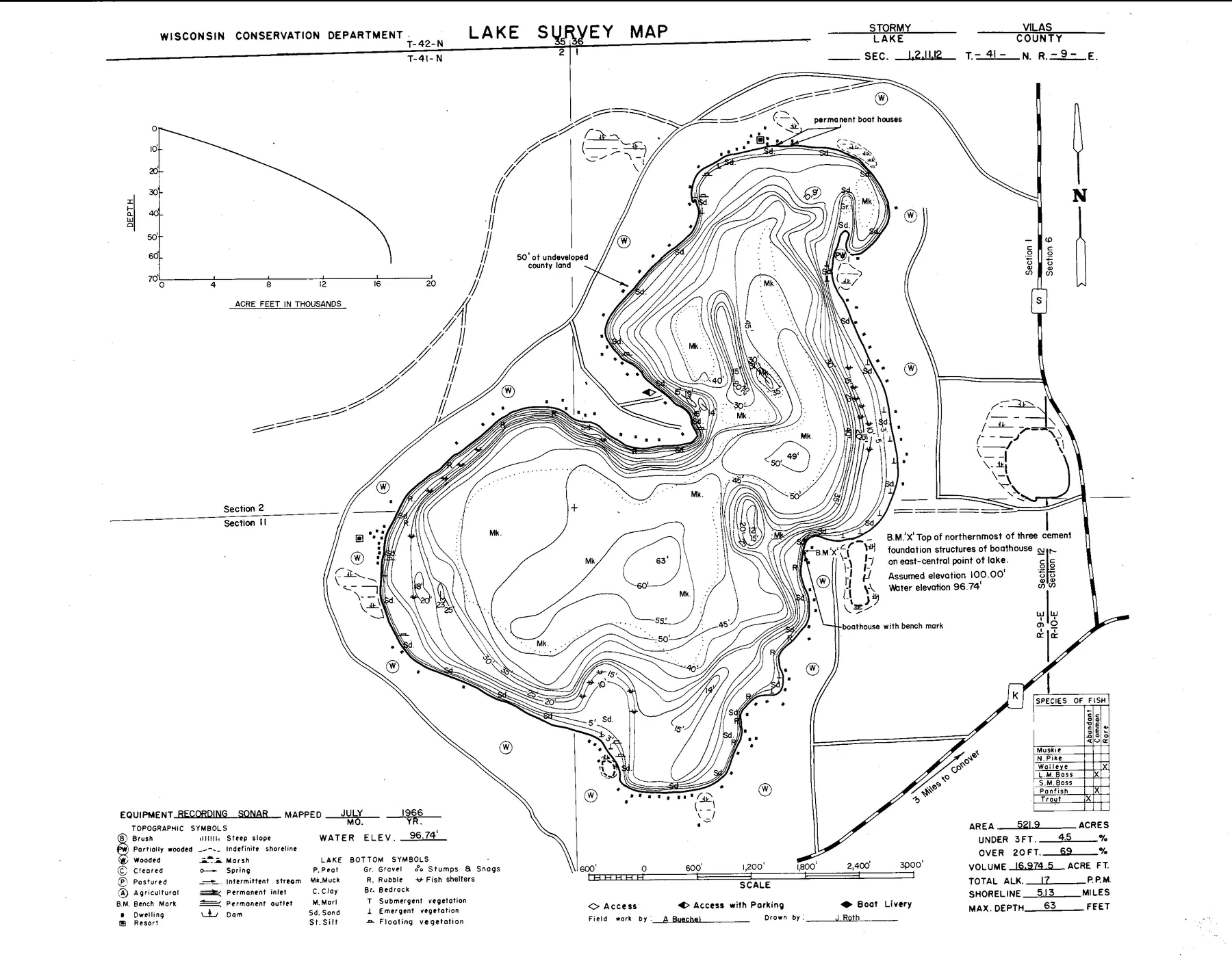 Stormy Lake historical Wisconsin DNR depth map sheet 1