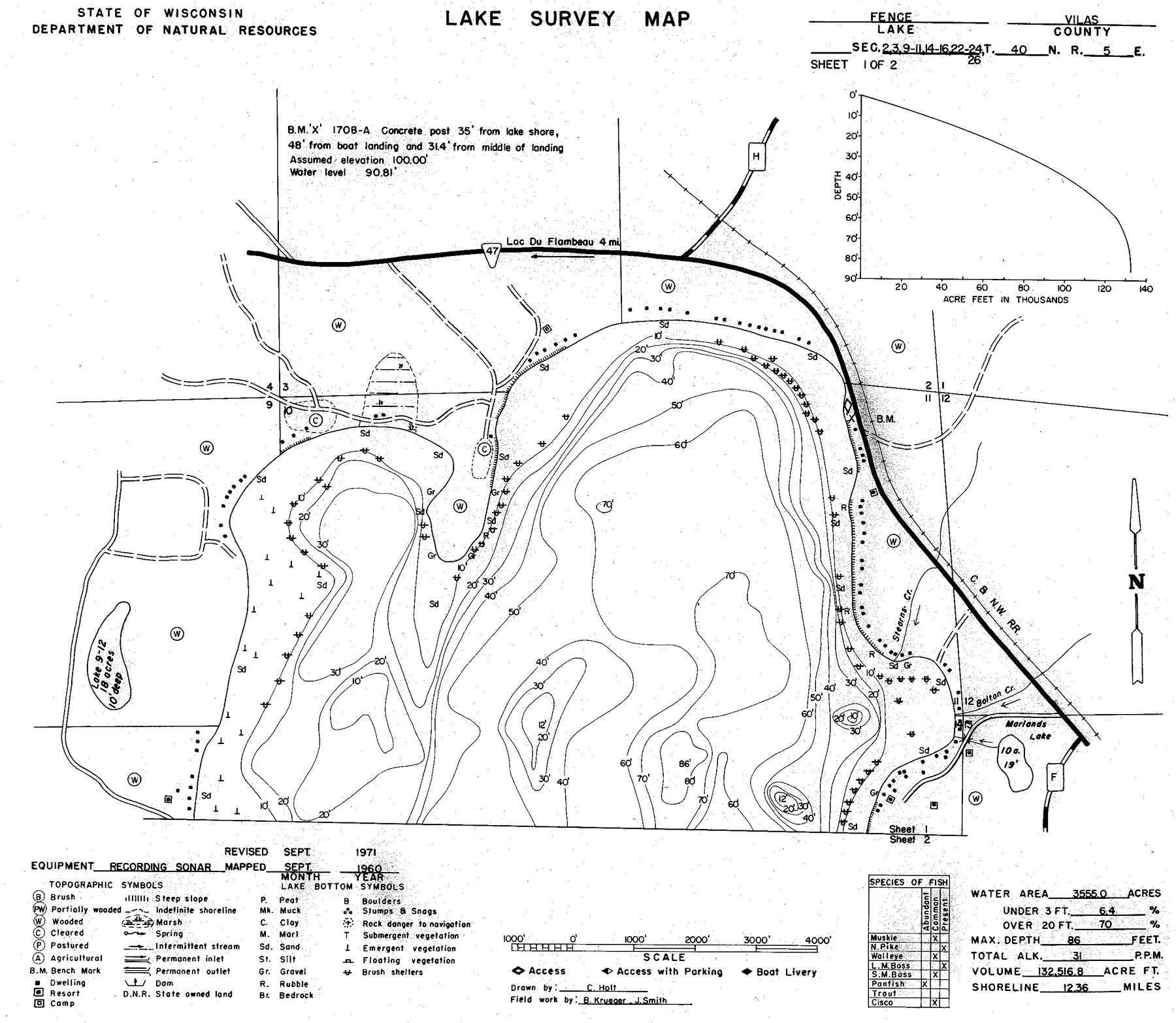 Fence Lake historical Wisconsin DNR depth map sheet 1