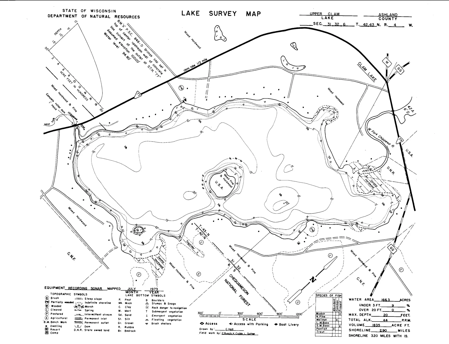 Upper Clam Lake historical Wisconsin DNR depth map sheet 1