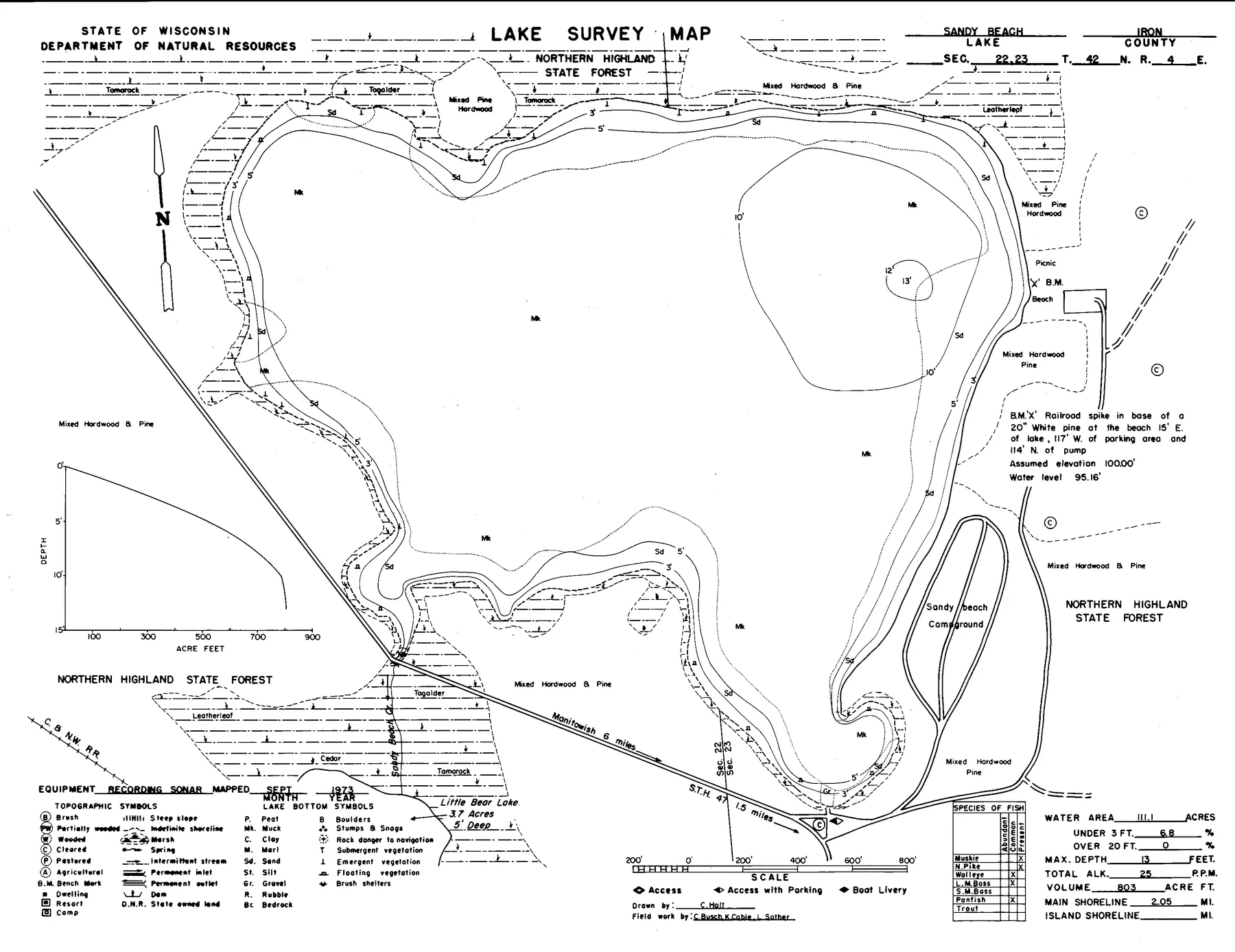 Sandy Beach Lake historical Wisconsin DNR depth map sheet 1