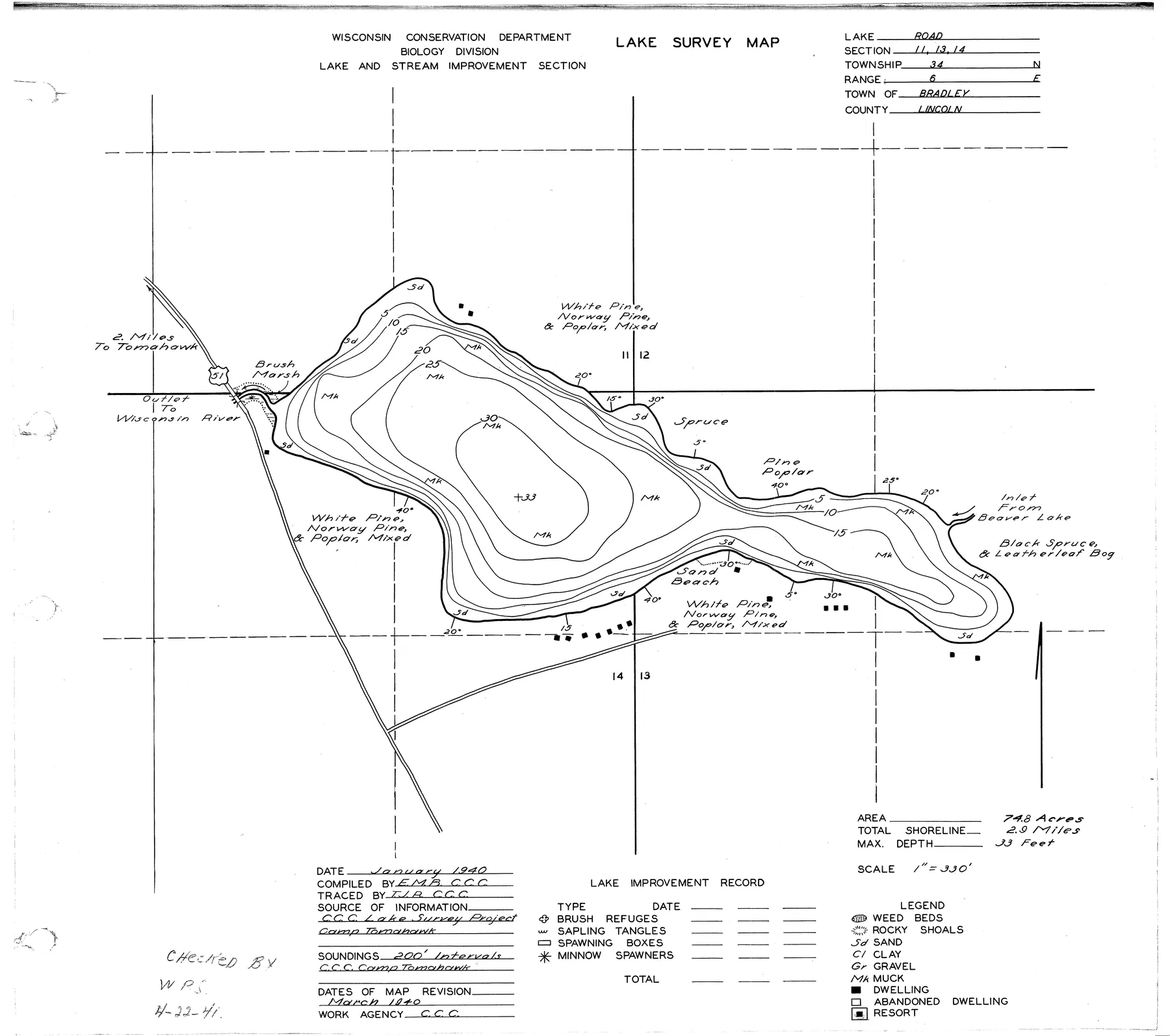 Road Lake historical Wisconsin DNR depth map sheet 1