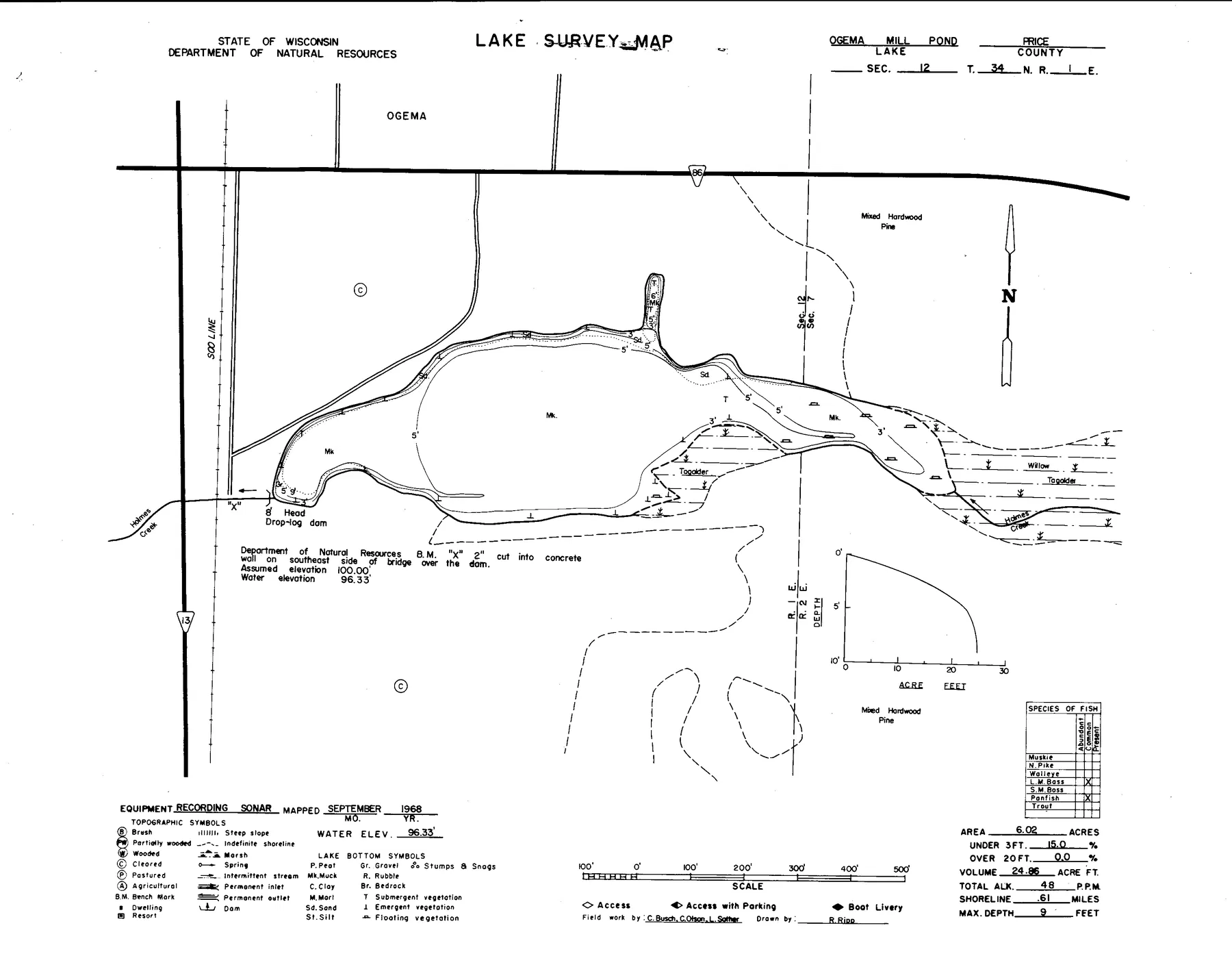 Ogema Millpond historical Wisconsin DNR depth map sheet 1