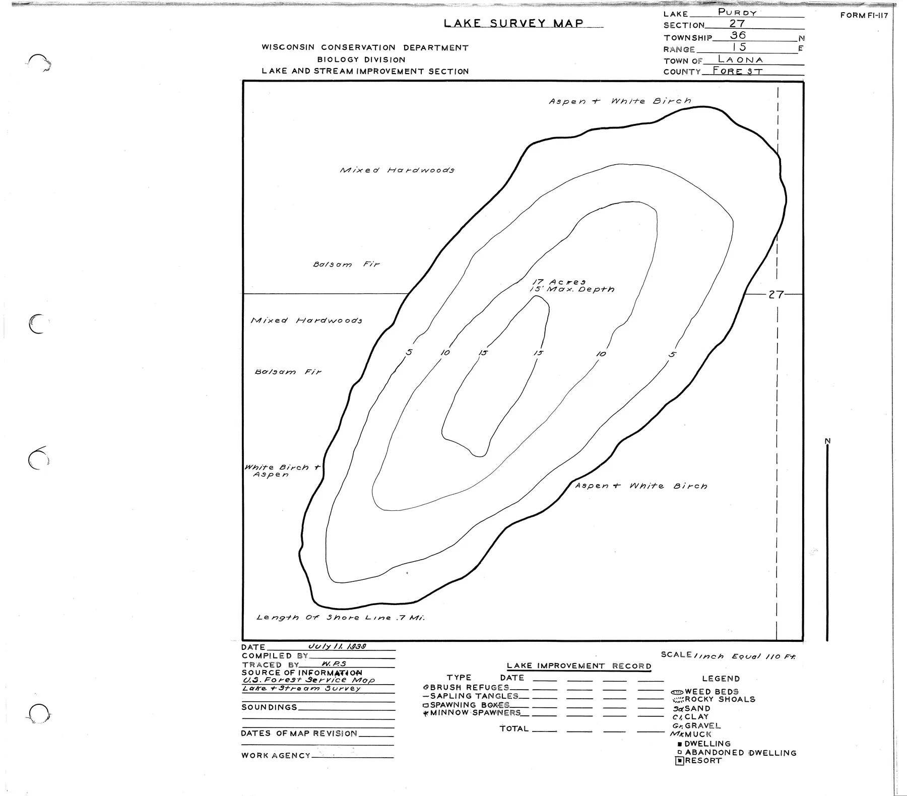 Purdy Lake historical Wisconsin DNR depth map sheet 1