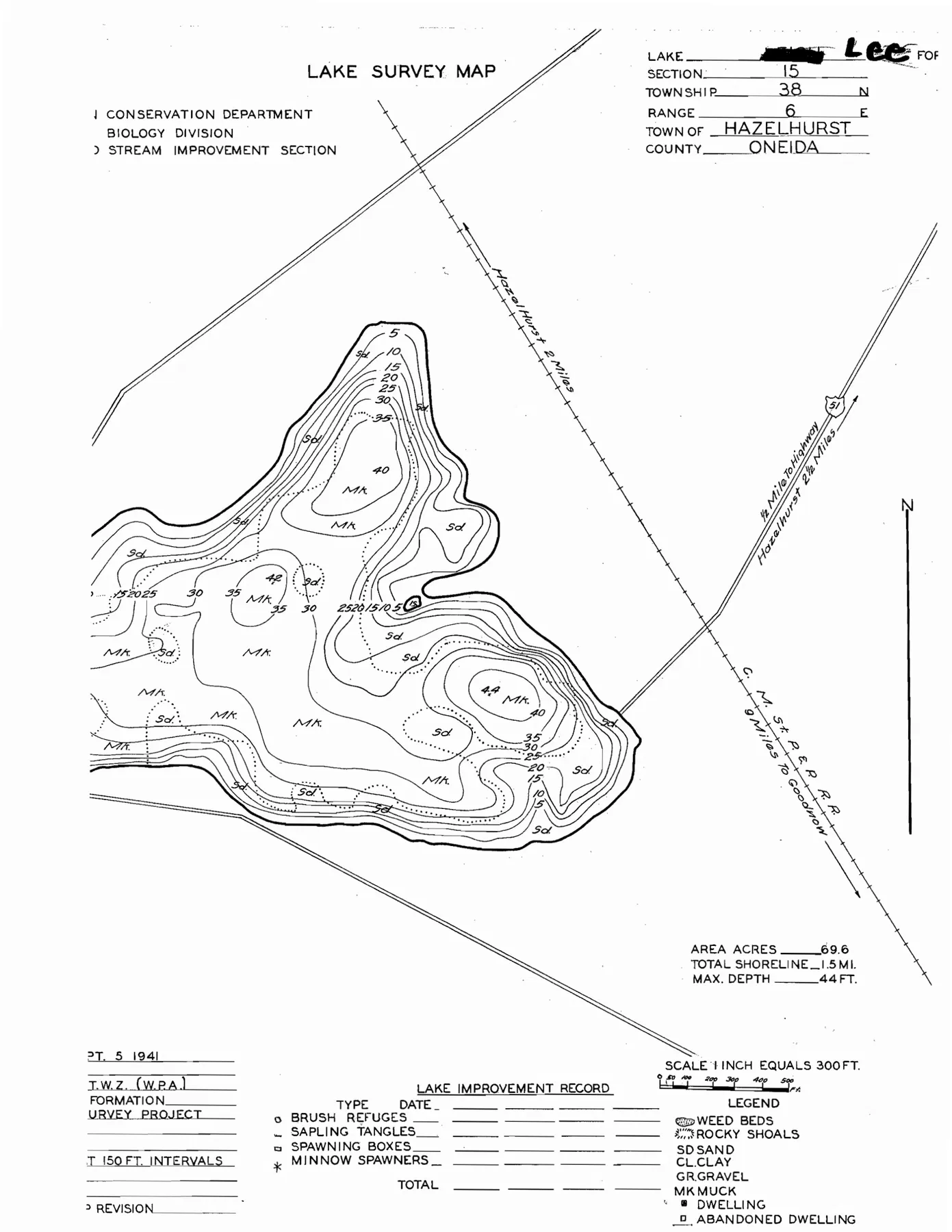 Lee Lake historical Wisconsin DNR depth map sheet 1