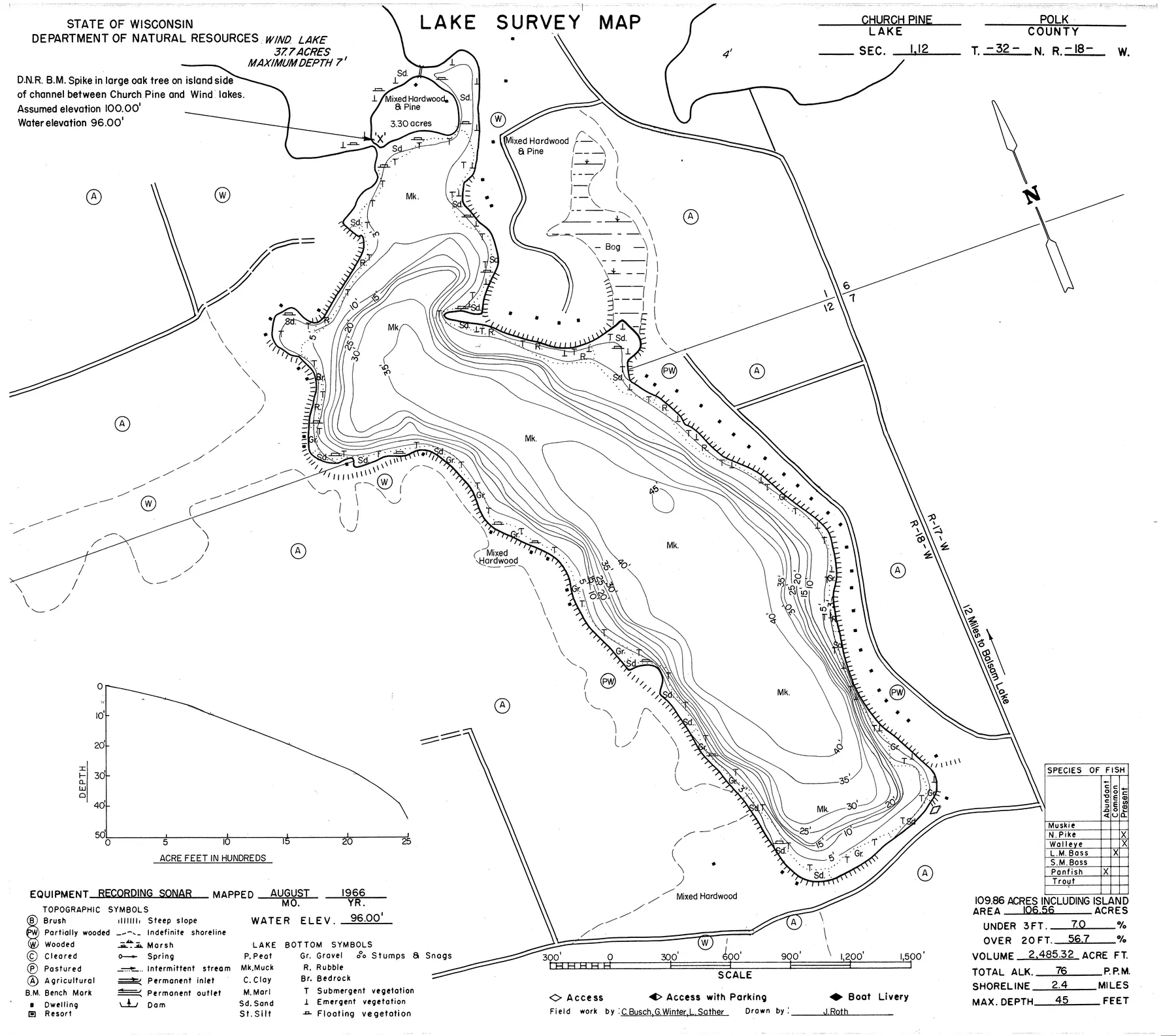 Church Pine Lake historical Wisconsin DNR depth map sheet 1