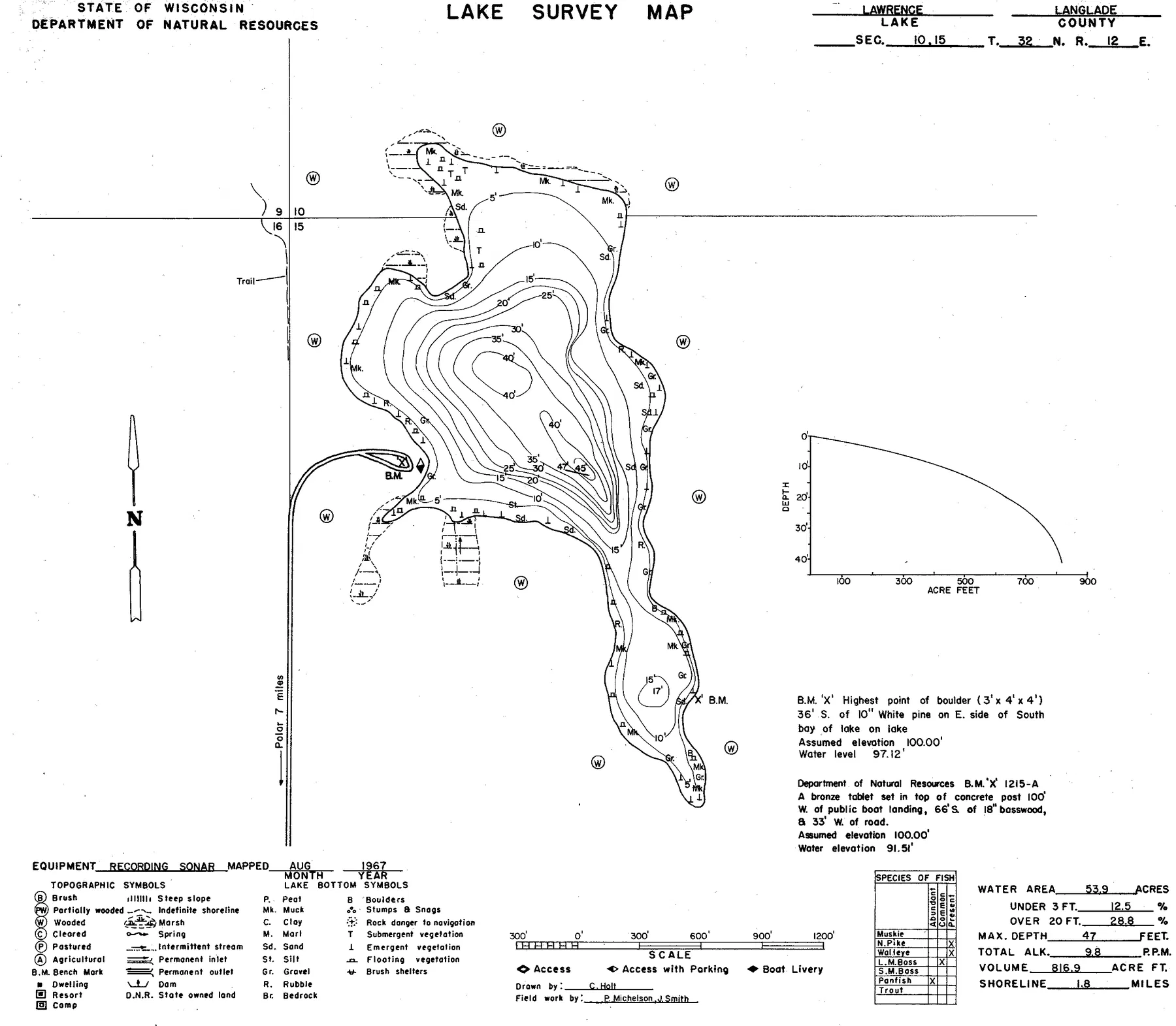 Lawrence Lake historical Wisconsin DNR depth map sheet 1