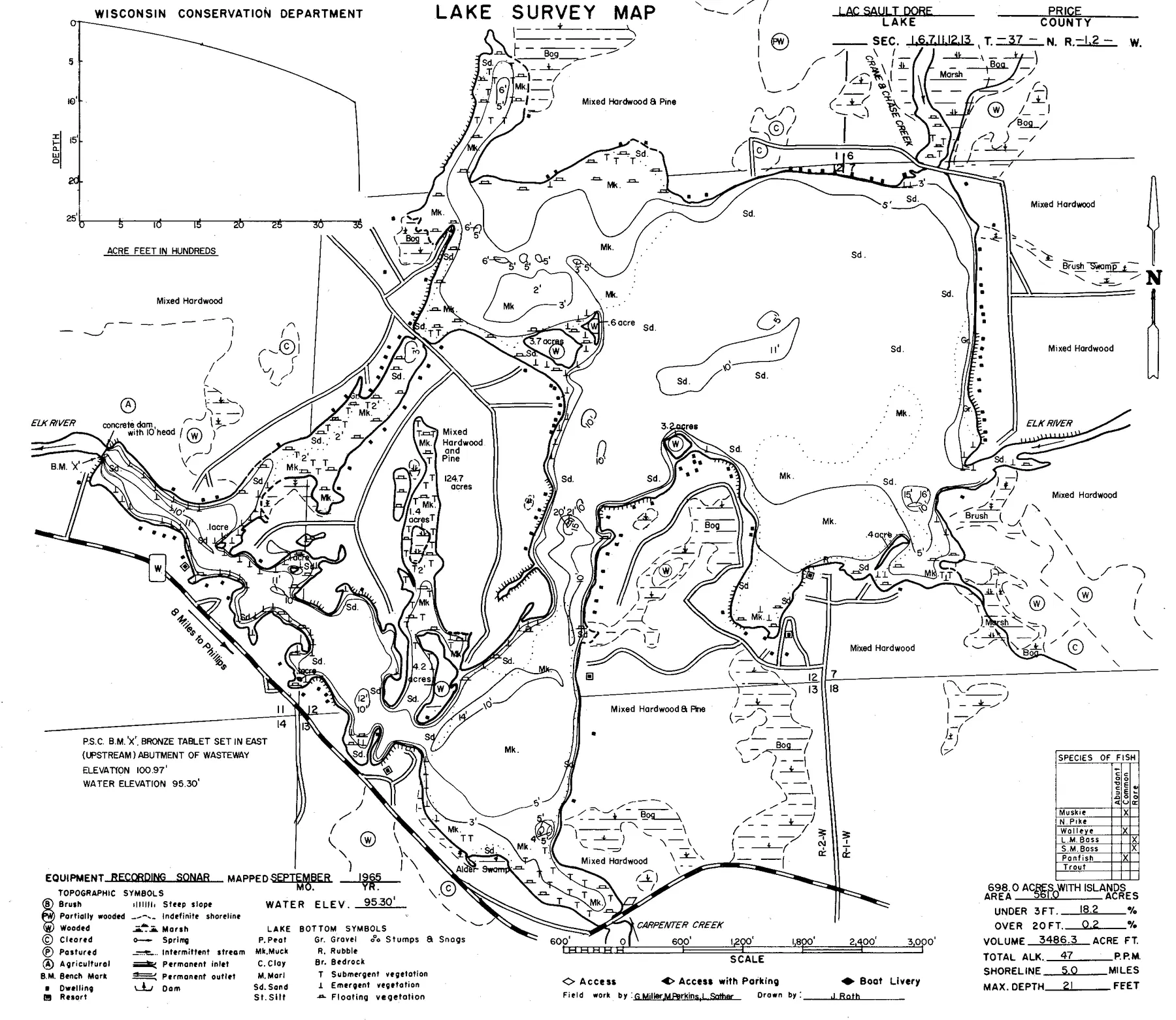 Lac Sault Dore historical Wisconsin DNR depth map sheet 1
