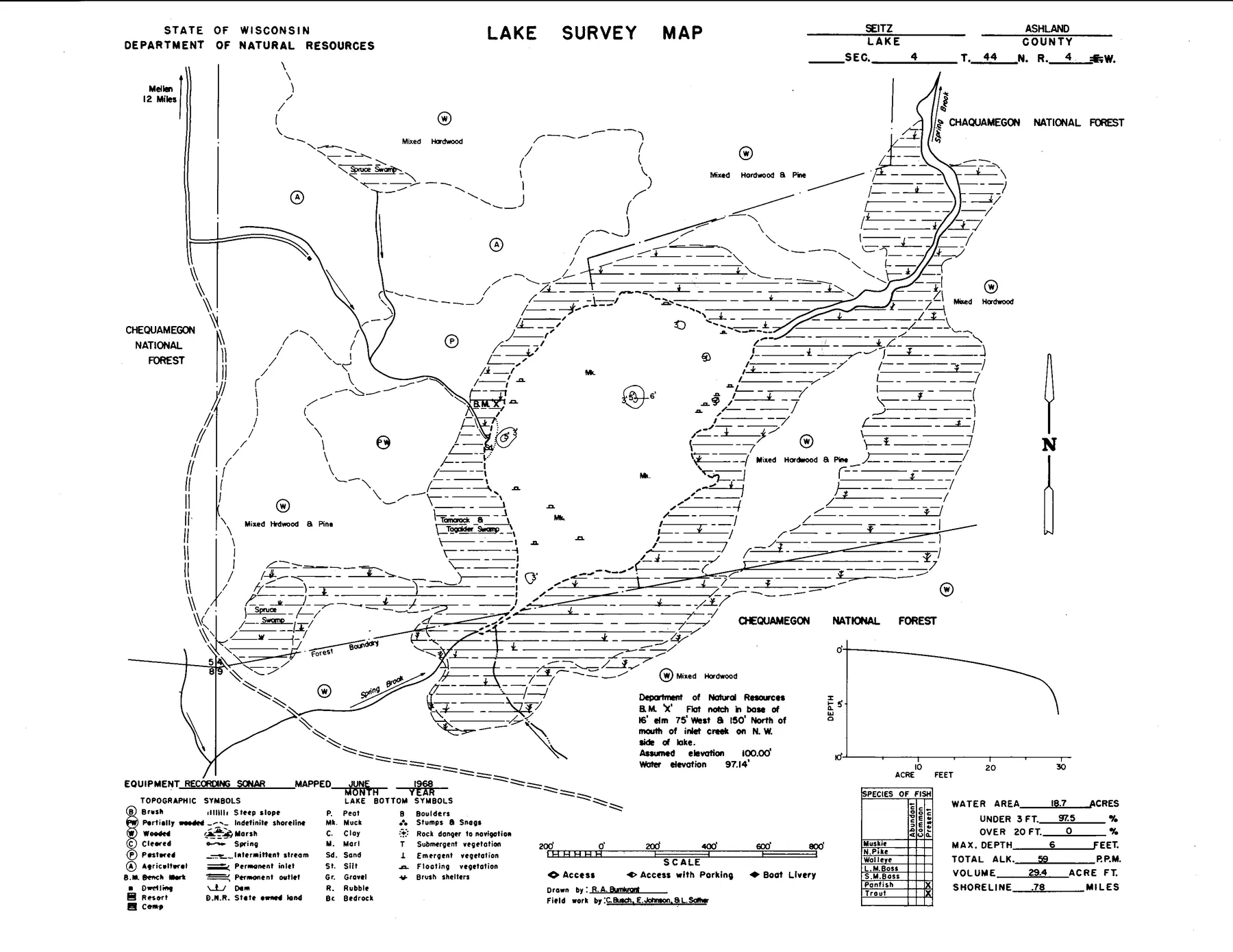 Seitz Lake historical Wisconsin DNR depth map sheet 1