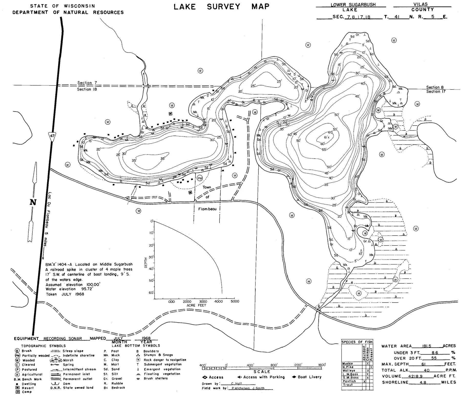 Lower Sugarbush Lake historical Wisconsin DNR depth map sheet 1
