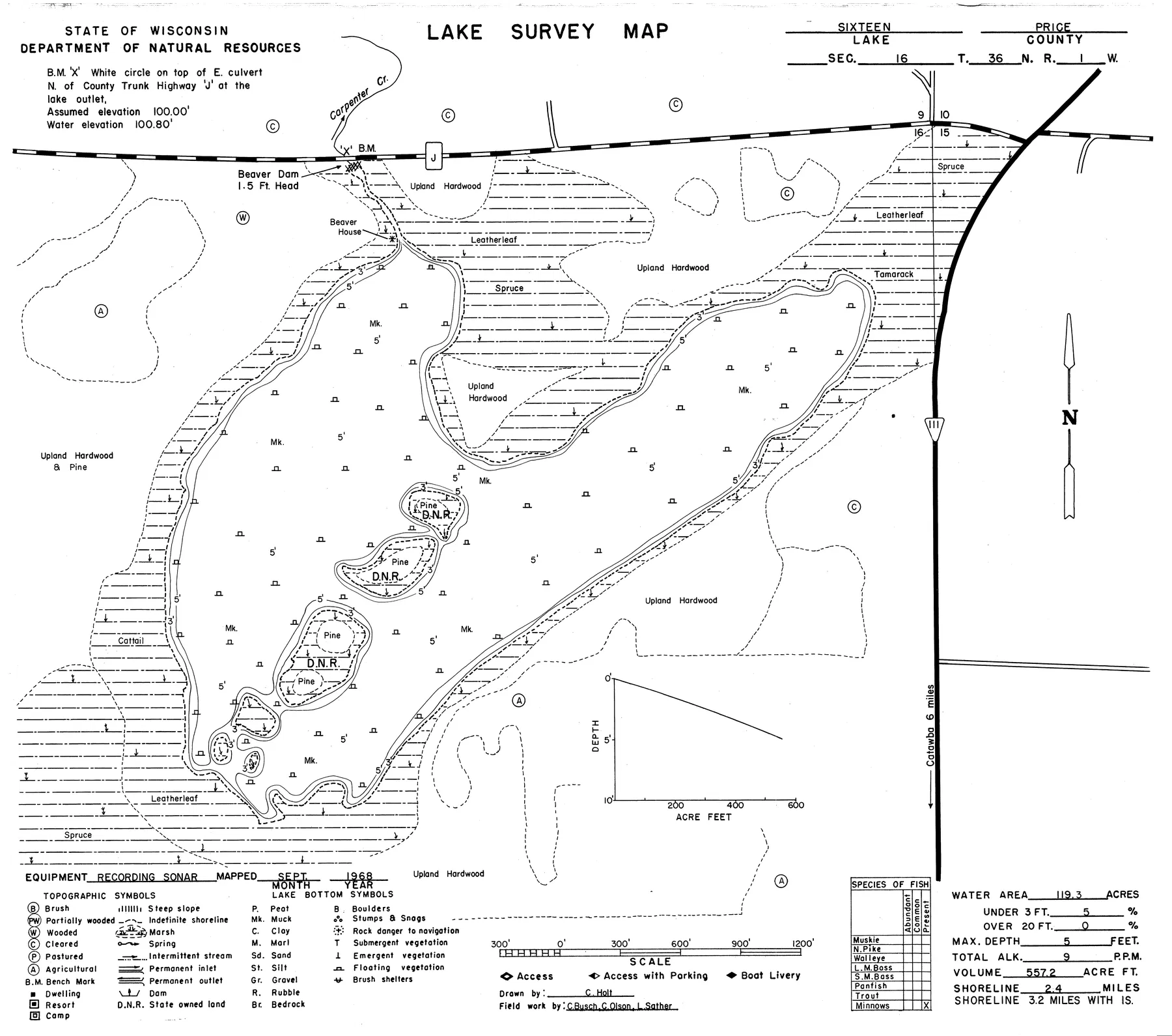 Lake Sixteen historical Wisconsin DNR depth map sheet 1