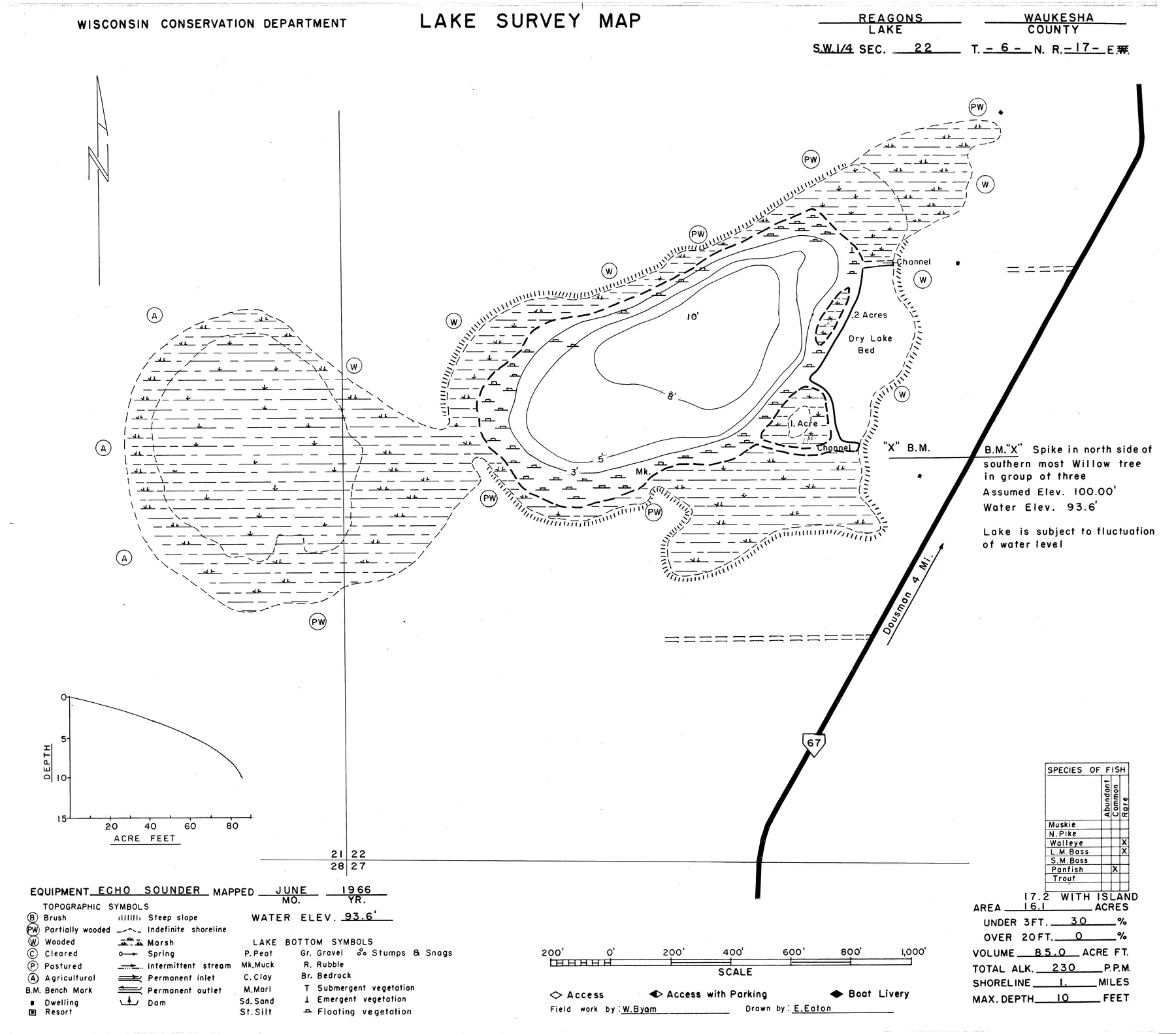 Reagon Lake historical Wisconsin DNR depth map sheet 1