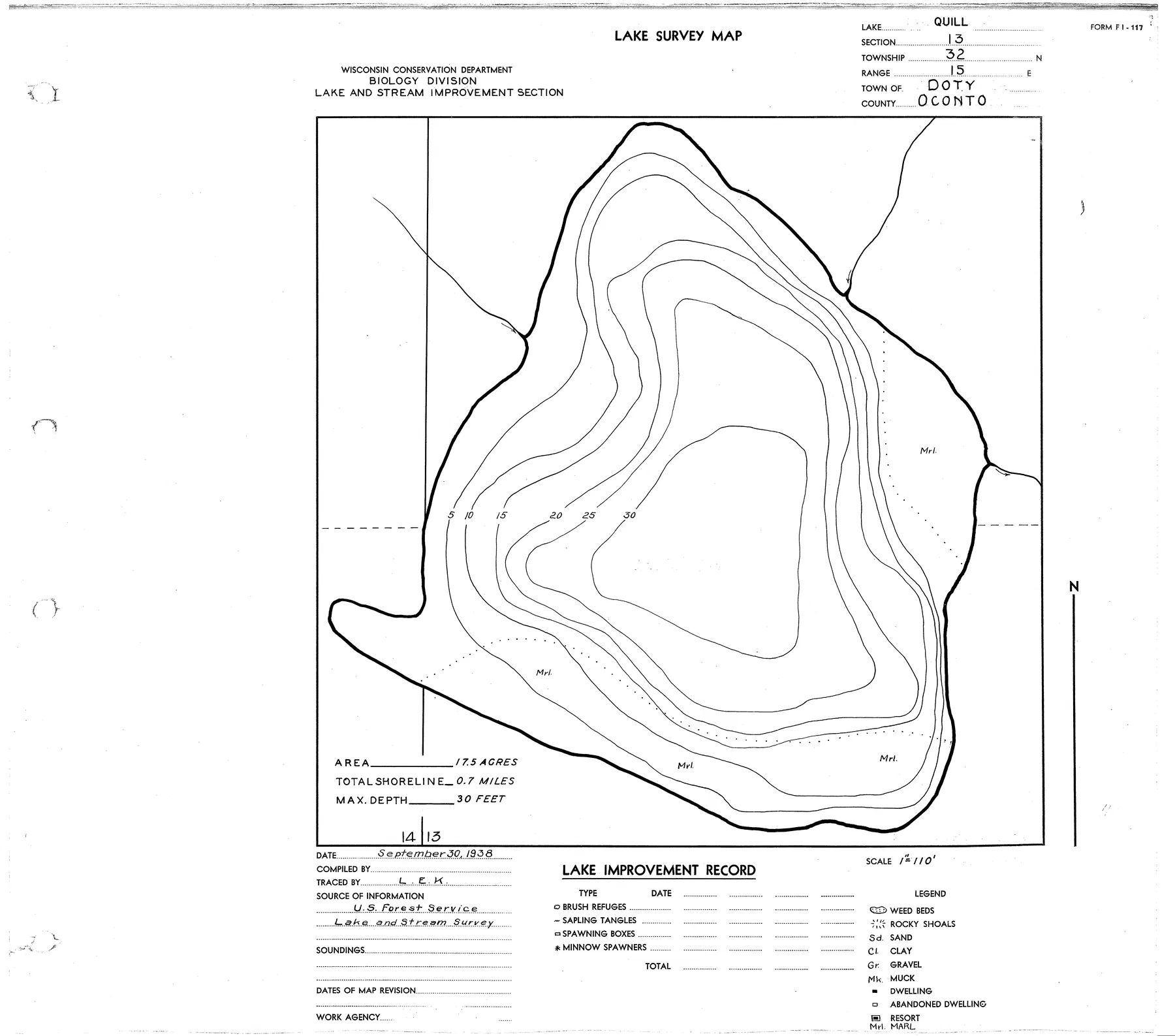 Quill Lake historical Wisconsin DNR depth map sheet 1
