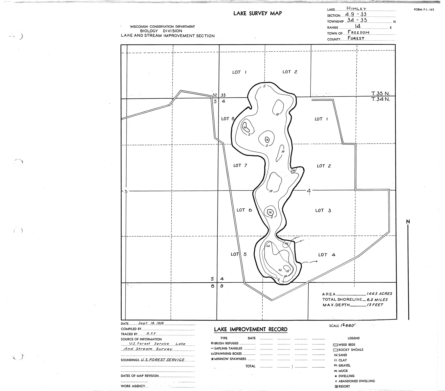 Himley Lake historical Wisconsin DNR depth map sheet 1
