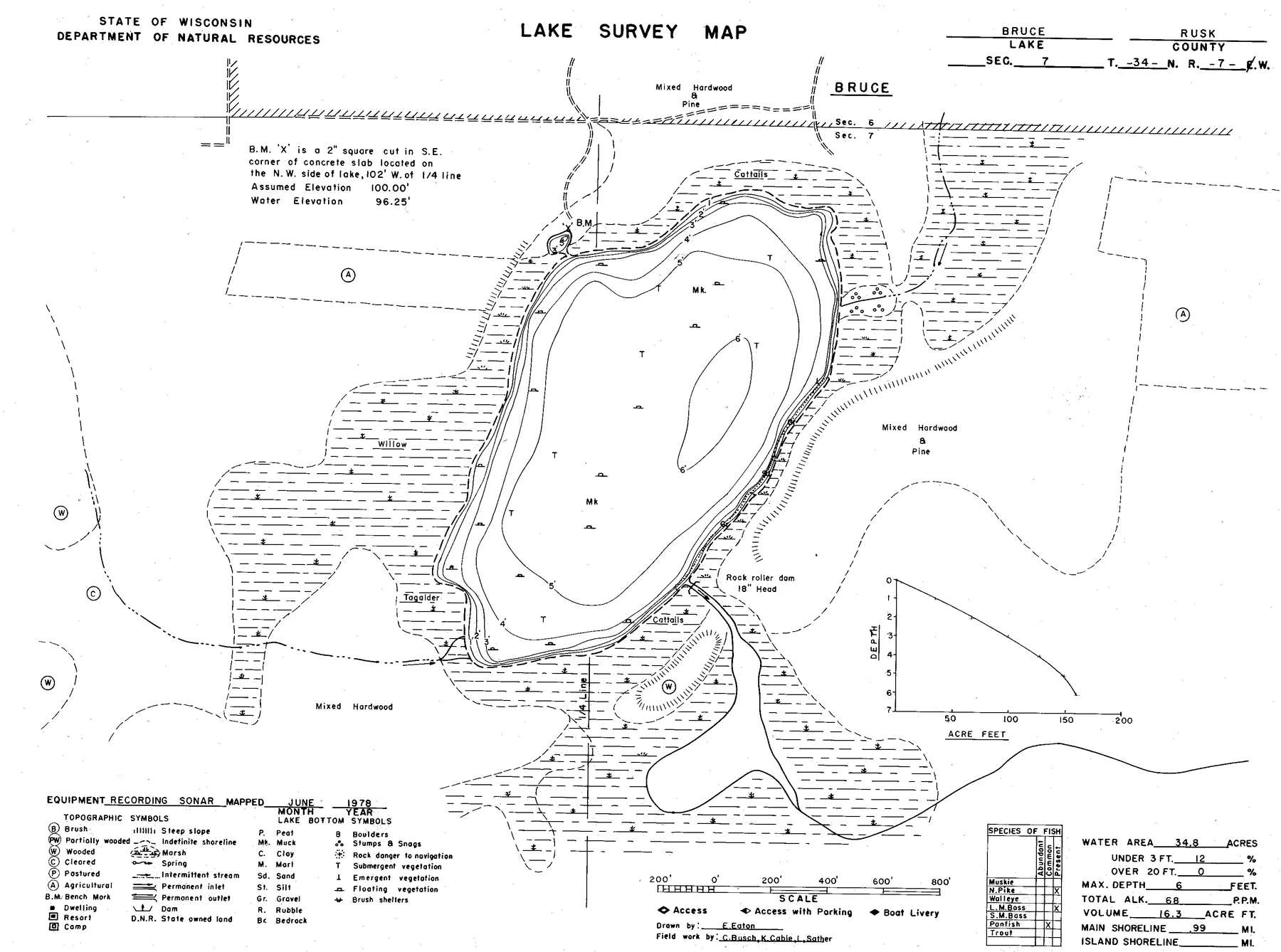 Bruce Lake historical Wisconsin DNR depth map sheet 1