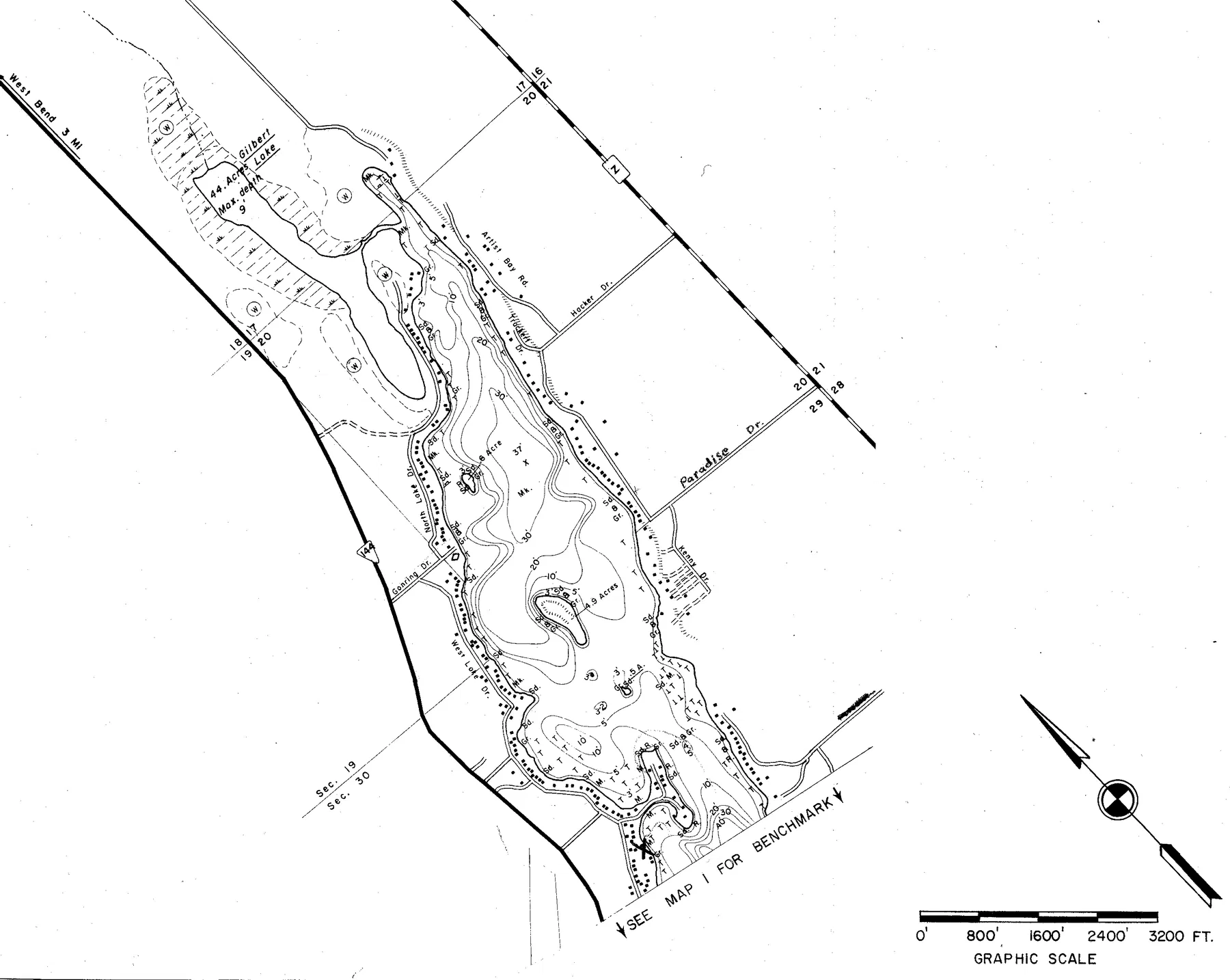 Cedar Lake historical Wisconsin DNR depth map sheet 1