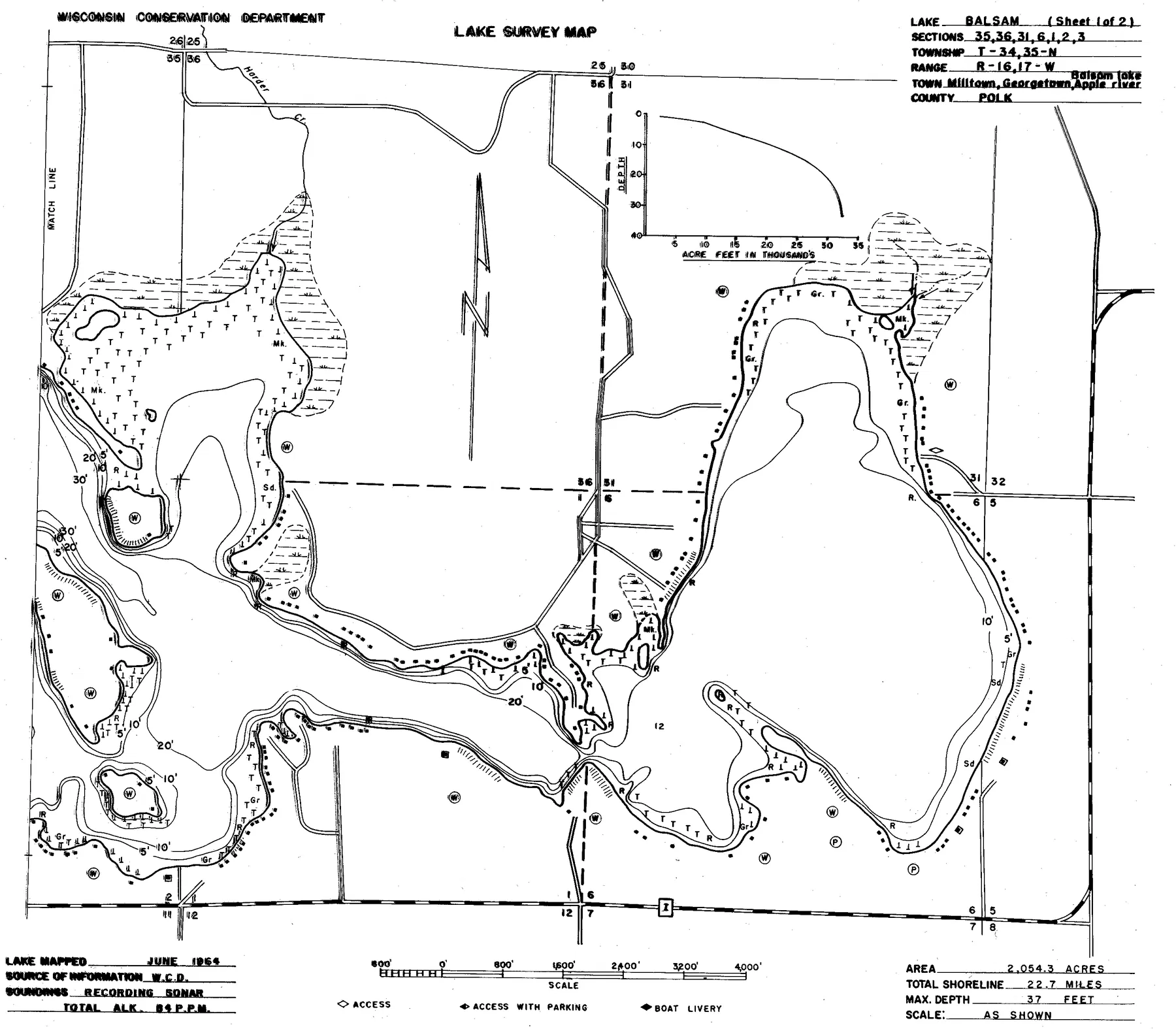 Balsam Lake historical Wisconsin DNR depth map sheet 1