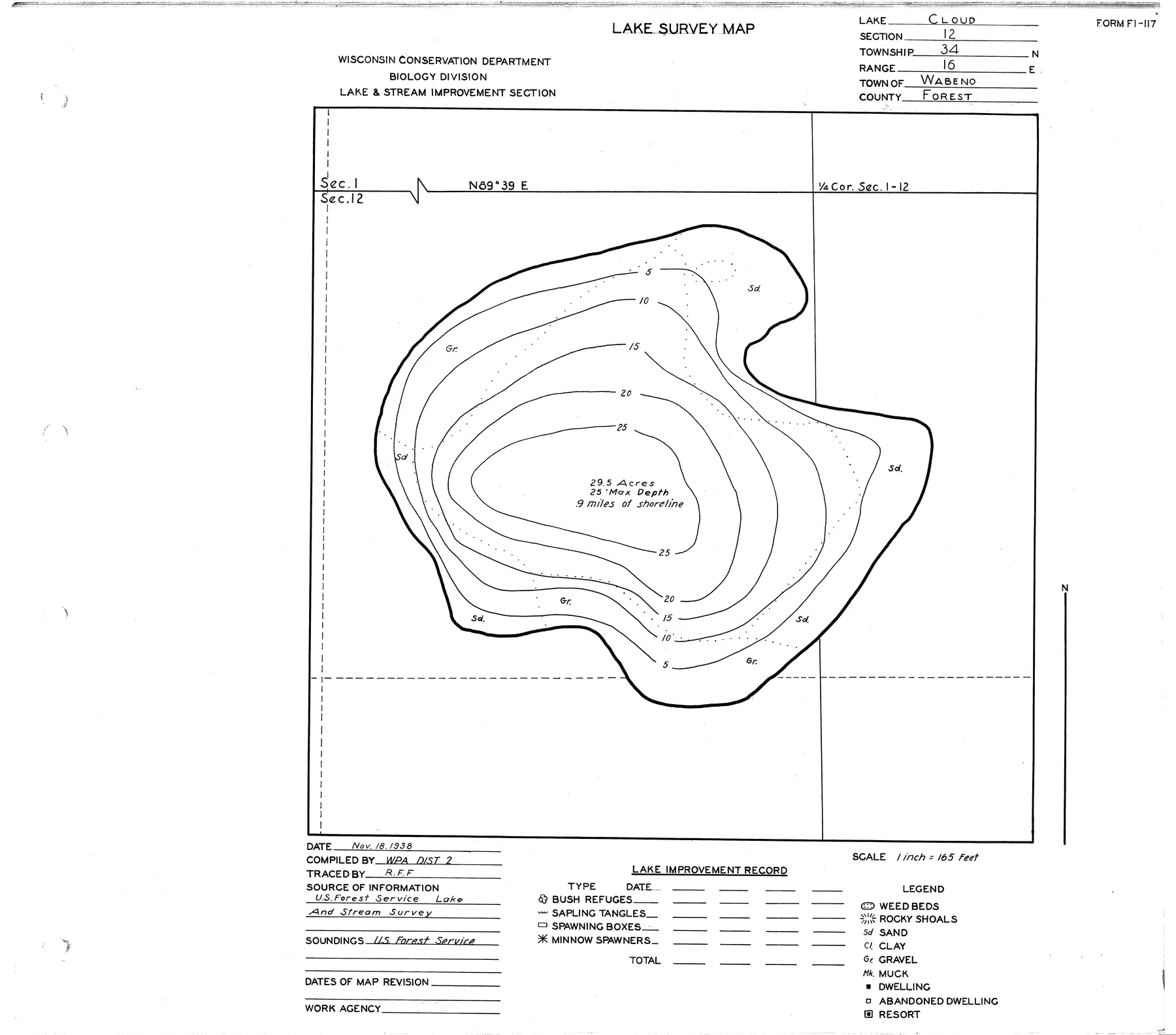 Cloud Lake historical Wisconsin DNR depth map sheet 1