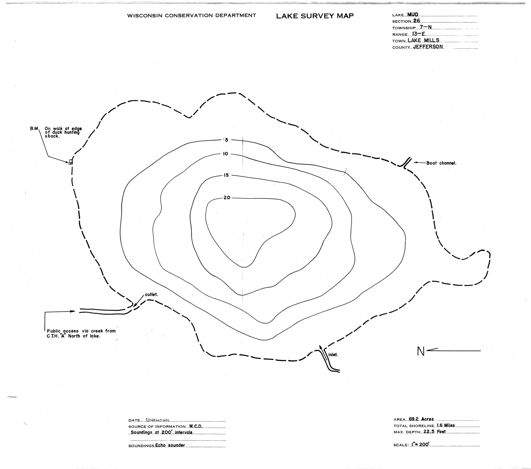 Mud Lake historical Wisconsin DNR depth map sheet 1
