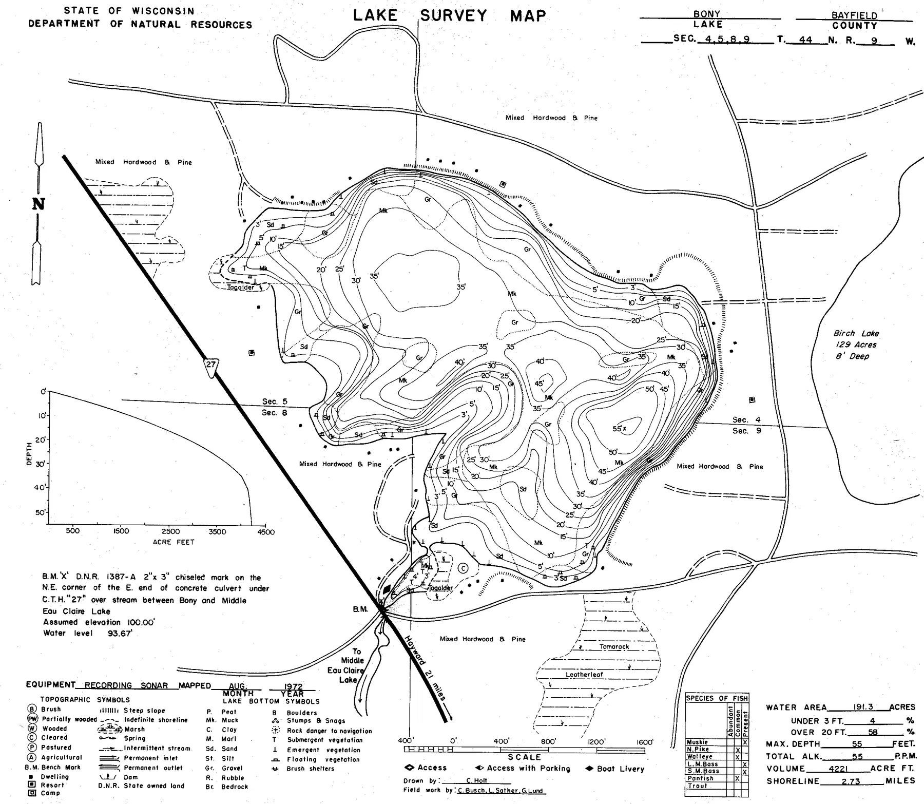 Bony Lake historical Wisconsin DNR depth map sheet 1
