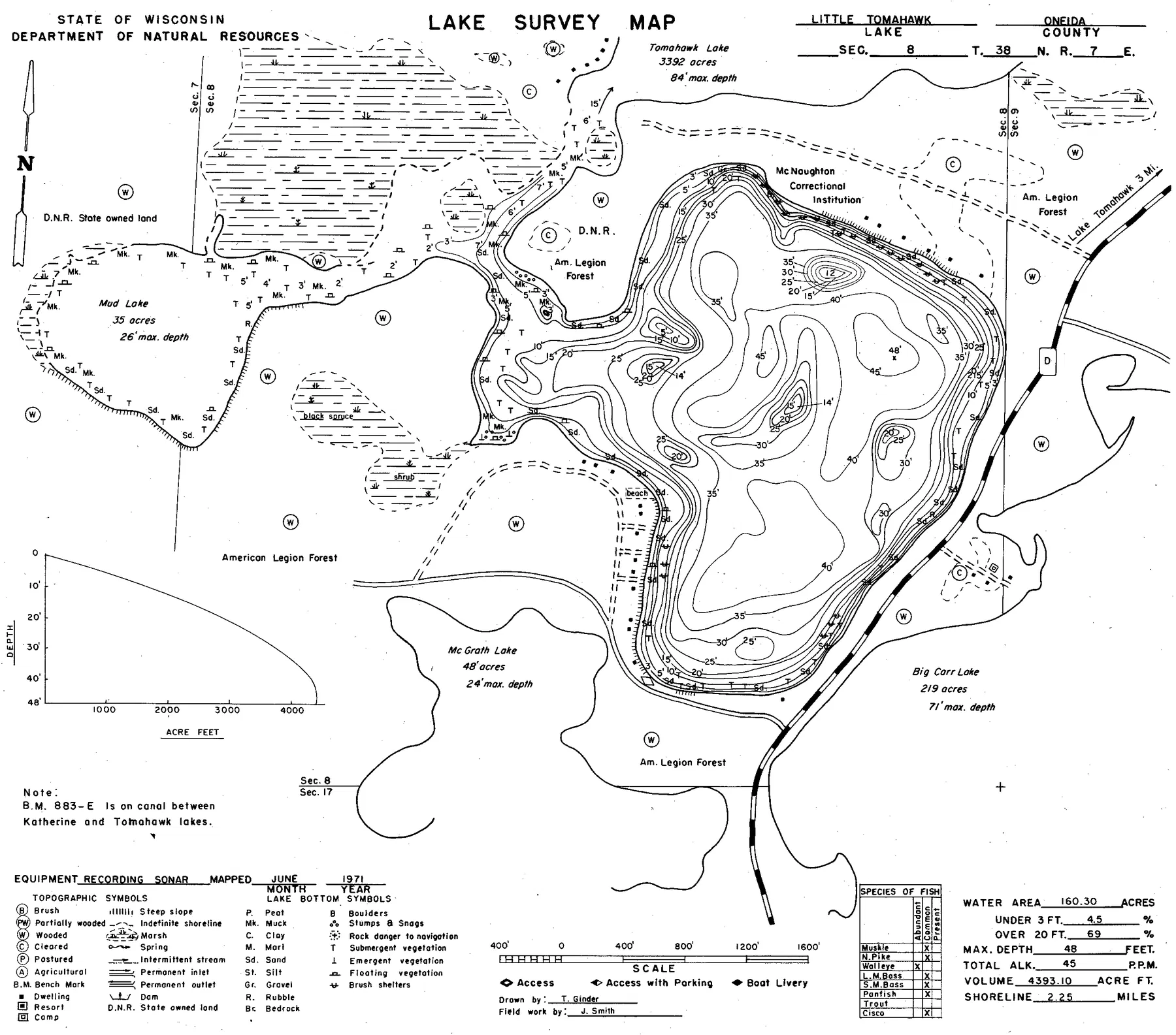 Little Tomahawk Lake historical Wisconsin DNR depth map sheet 1