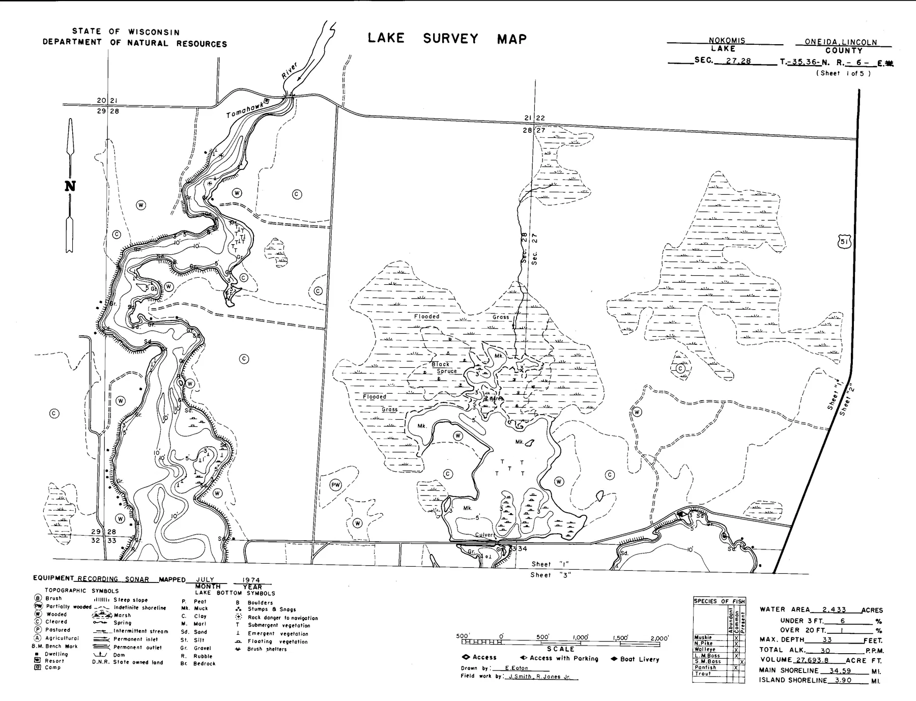 Lake Nokomis historical Wisconsin DNR depth map sheet 1