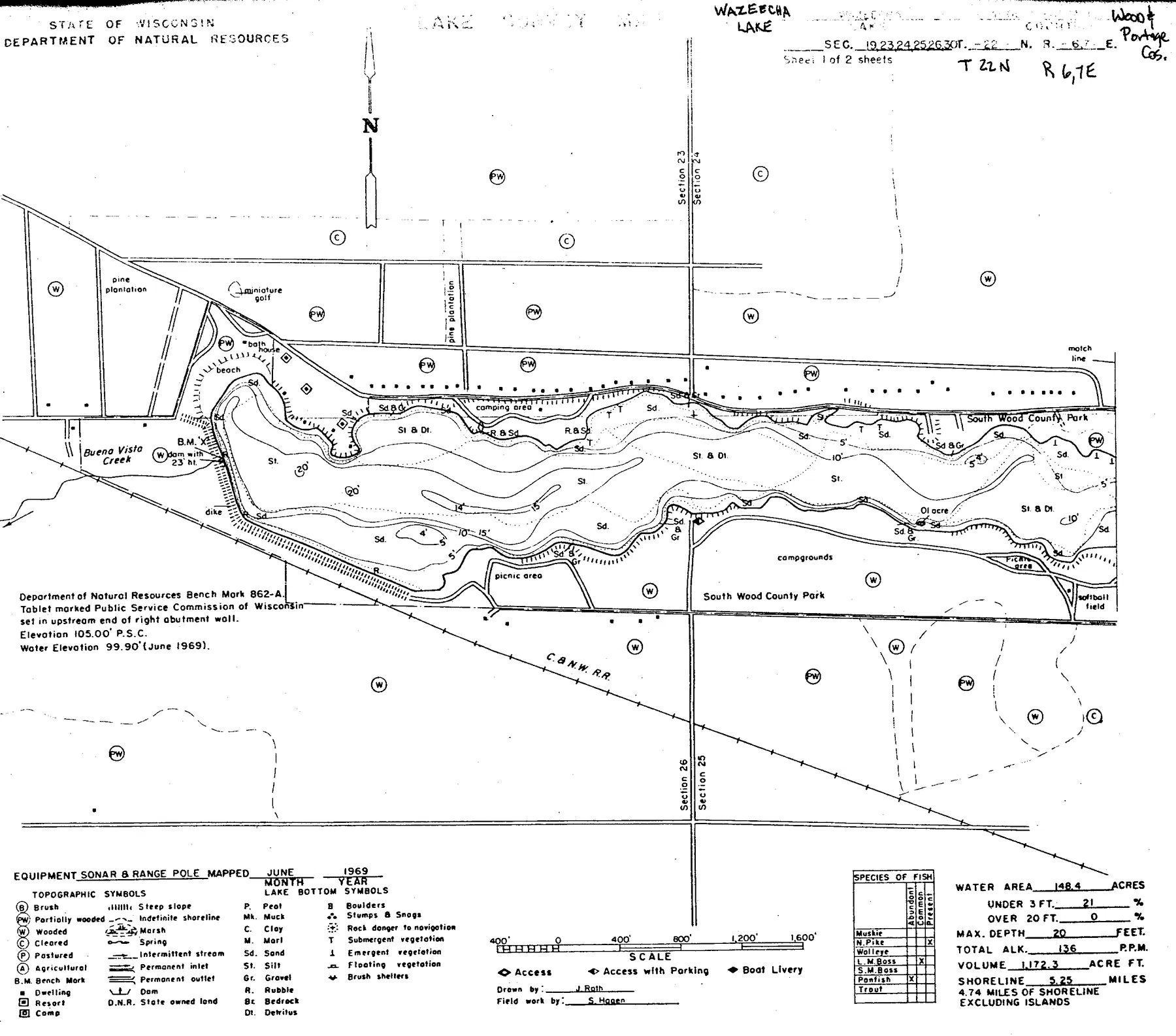 Wazeecha Lake historical Wisconsin DNR depth map sheet 1