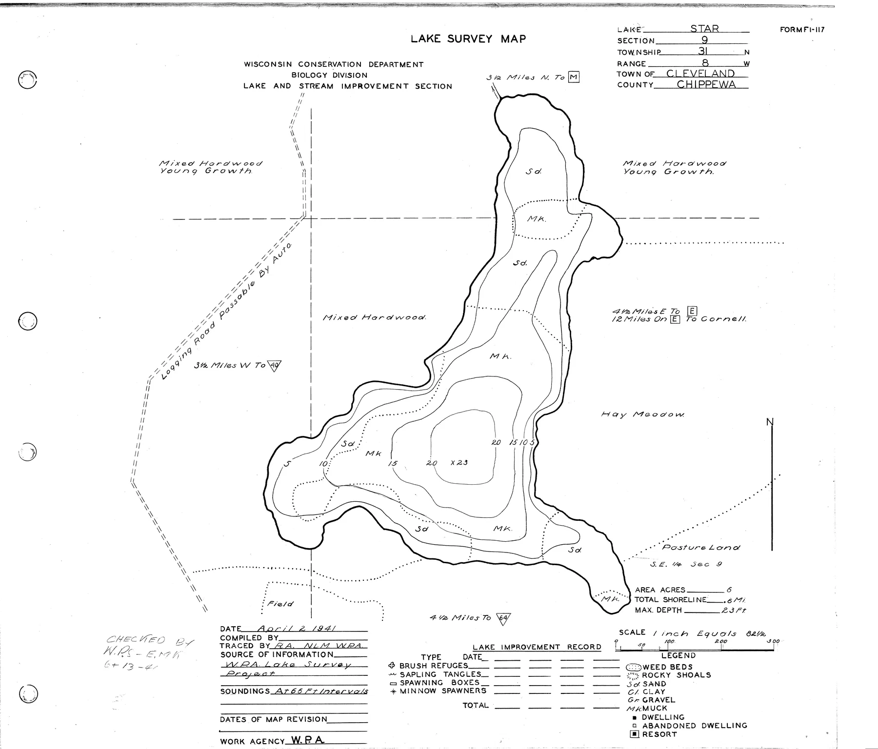 Star Lake historical Wisconsin DNR depth map sheet 1