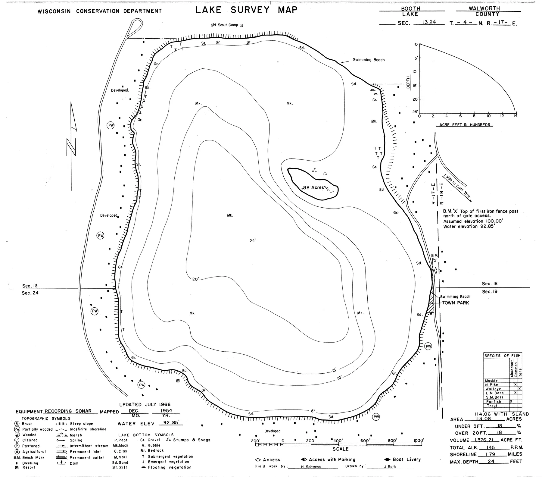 Booth Lake historical Wisconsin DNR depth map sheet 1