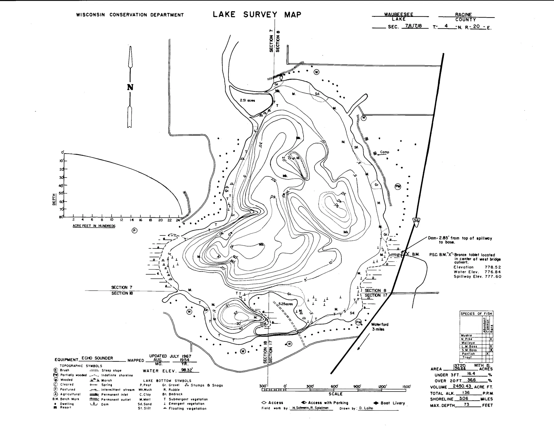 Waubeesee Lake historical Wisconsin DNR depth map sheet 1